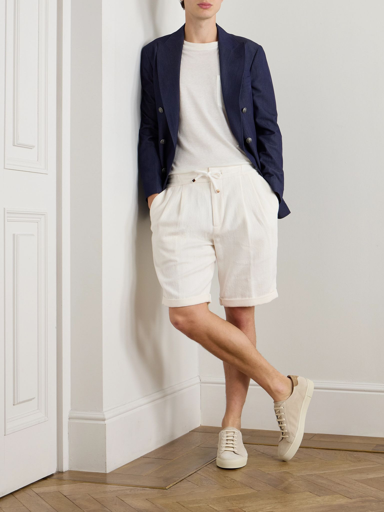 Straight-Leg Pleated Herringbone Cotton and Linen-Blend Drawstring Bermuda Shorts White - 2