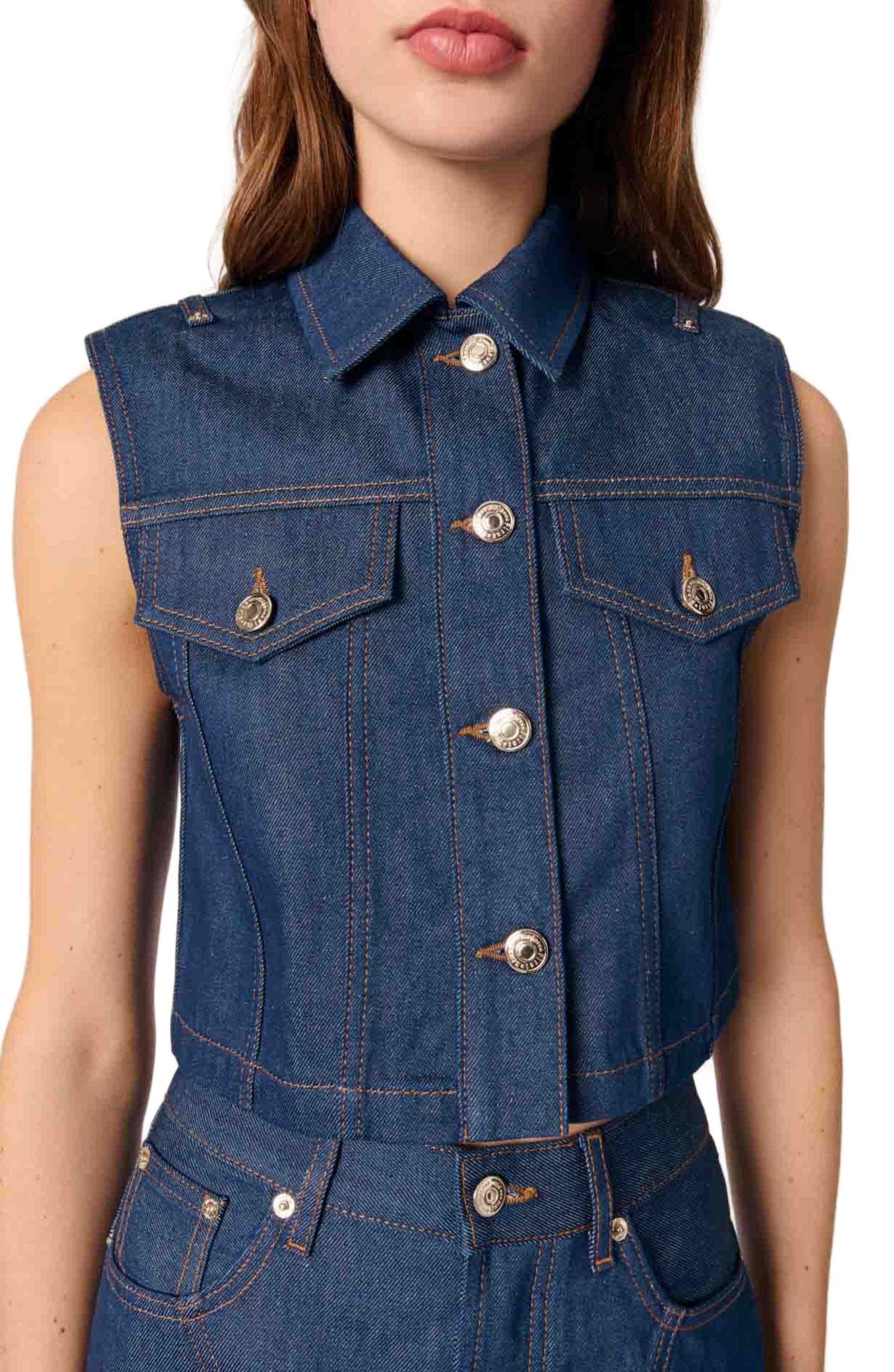 maje Denim cropped jacket in Navy at Nordstrom - 5