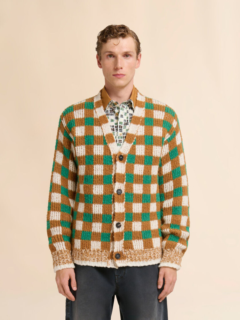 Marni GREEN WOOL AND MOHAIR CARDIGAN WITH CHECKERBOARD MOTIF outlook