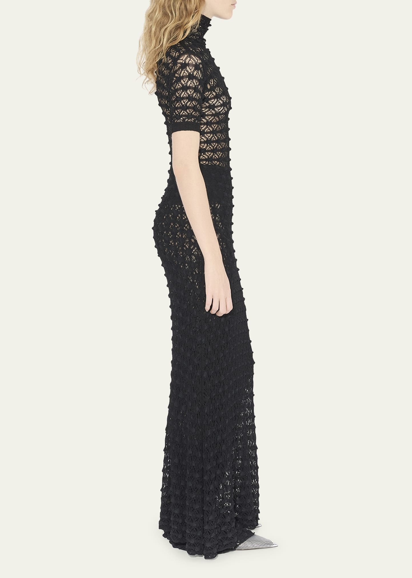 Mock-Neck Short-Sleeve Sheer Lace Gown - 4