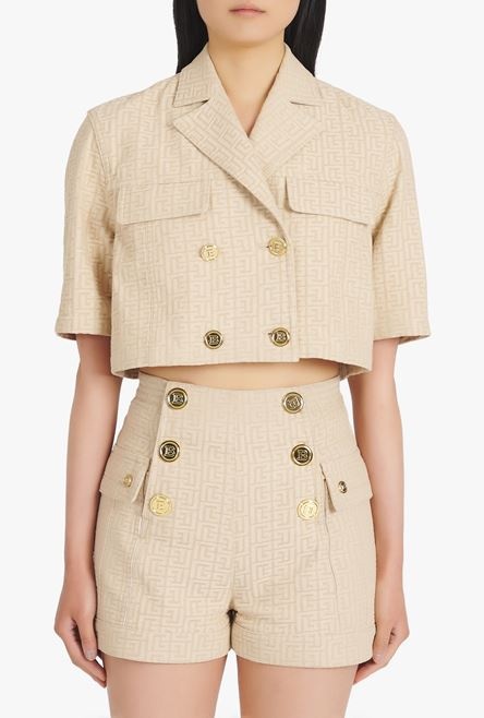 Cropped nude and white Balmain monogram jacquard shirt - 5