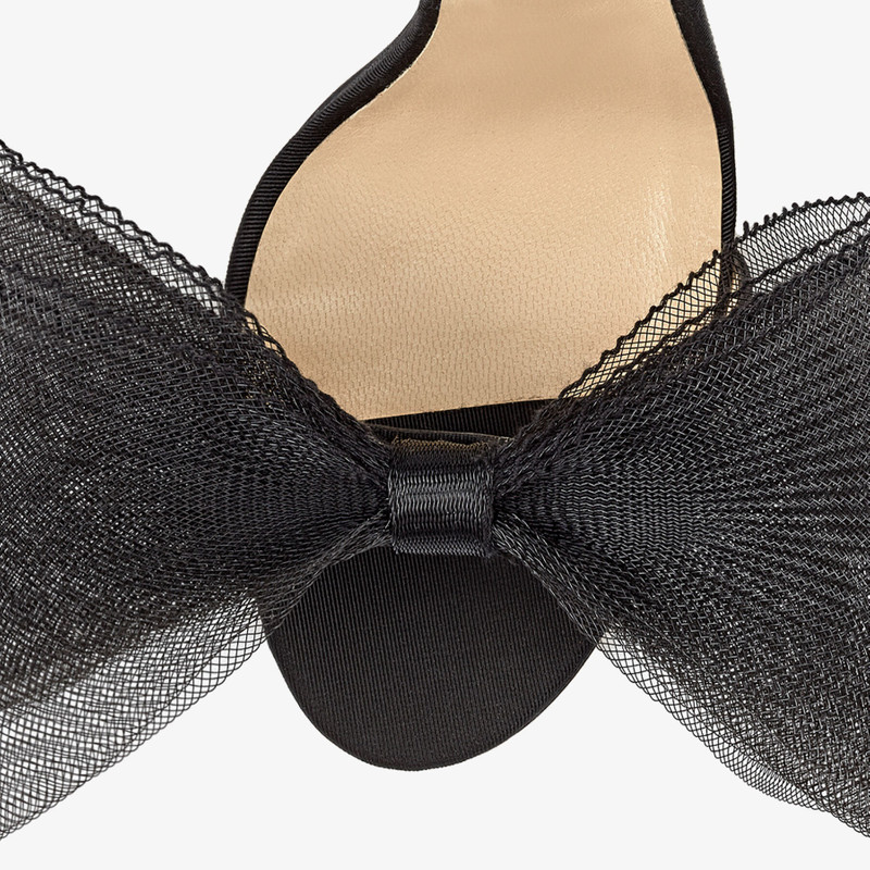 Aveline 100 Black Sandals with Asymmetric Grosgrain Mesh Fascinator Bows 4