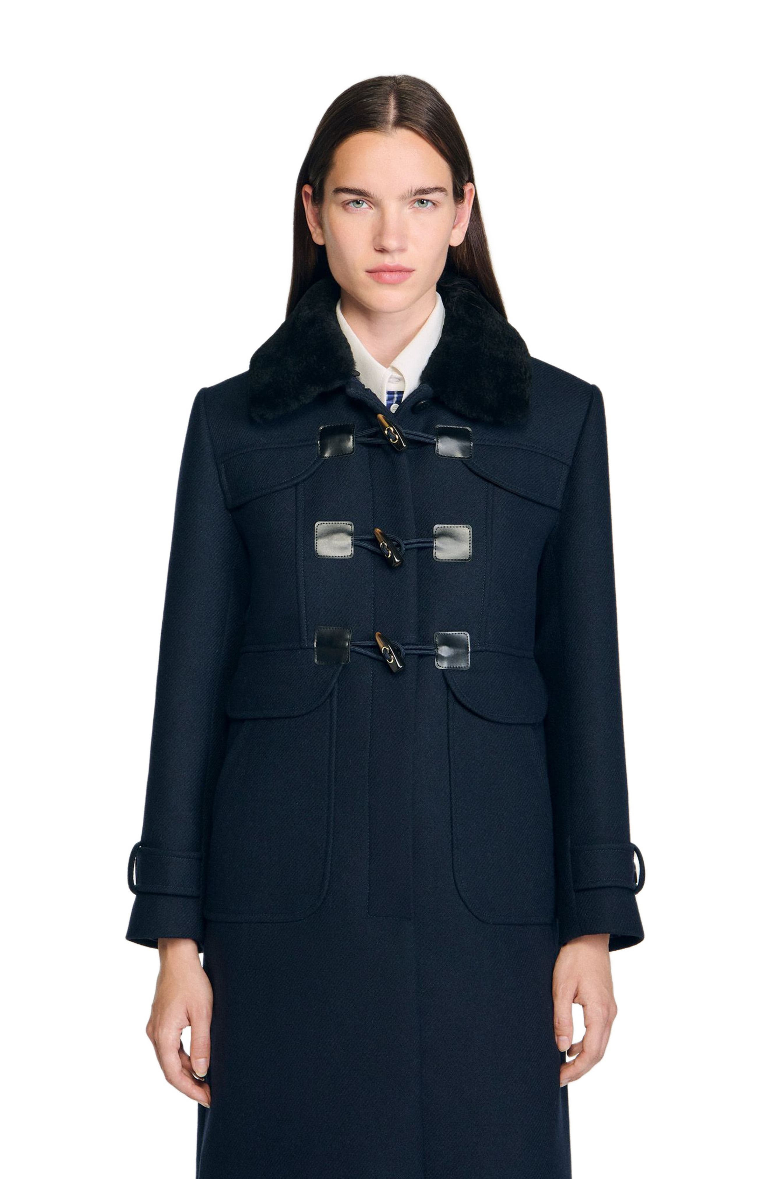 SANDRO Long coat with velvet collar in Navy Blue at Nordstrom - 3