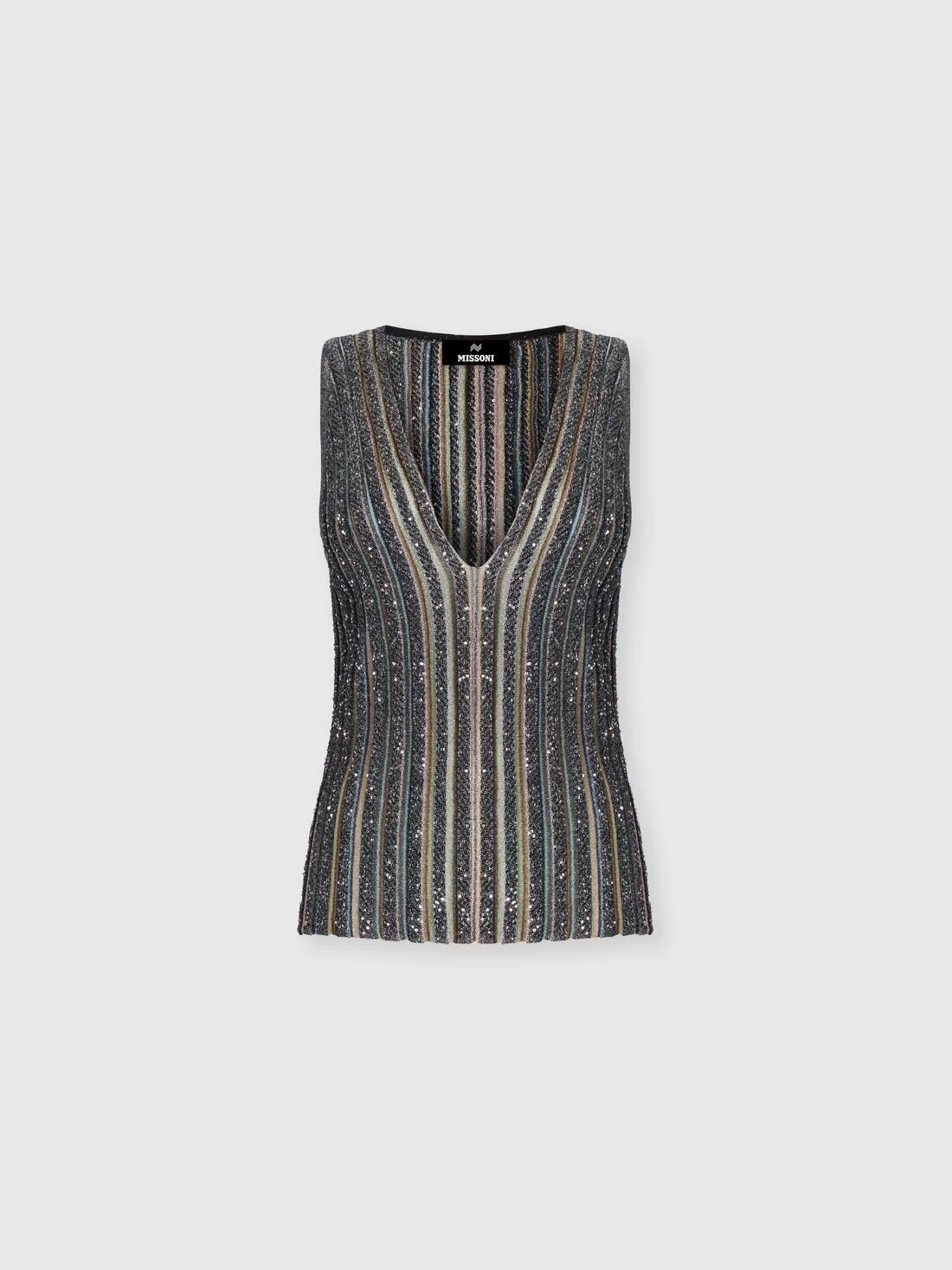 Ribbed top with sequins and V-neck - 1