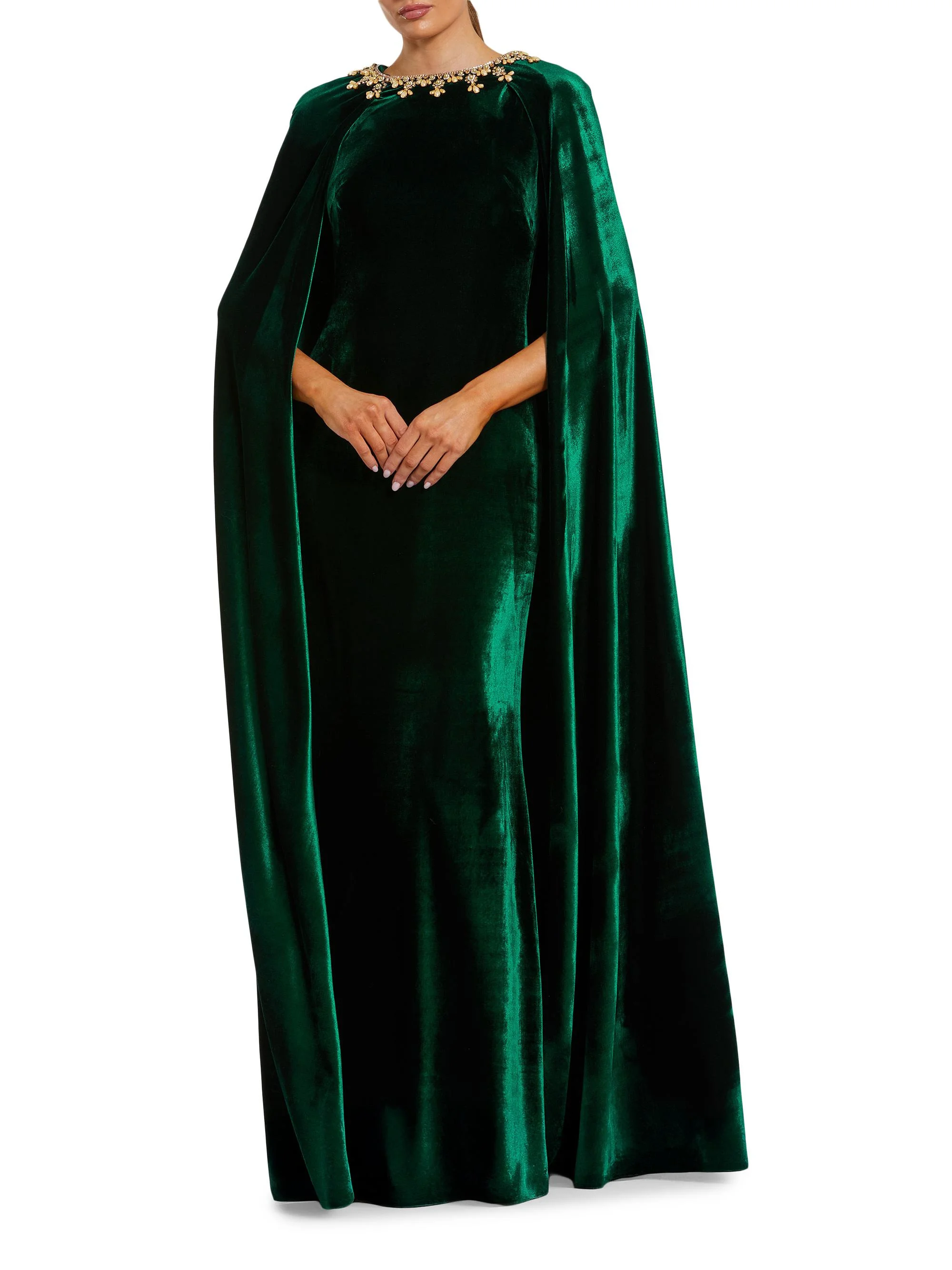 Women's Embellished-Neckline Velvet Cape Gown - Deep Green - 1
