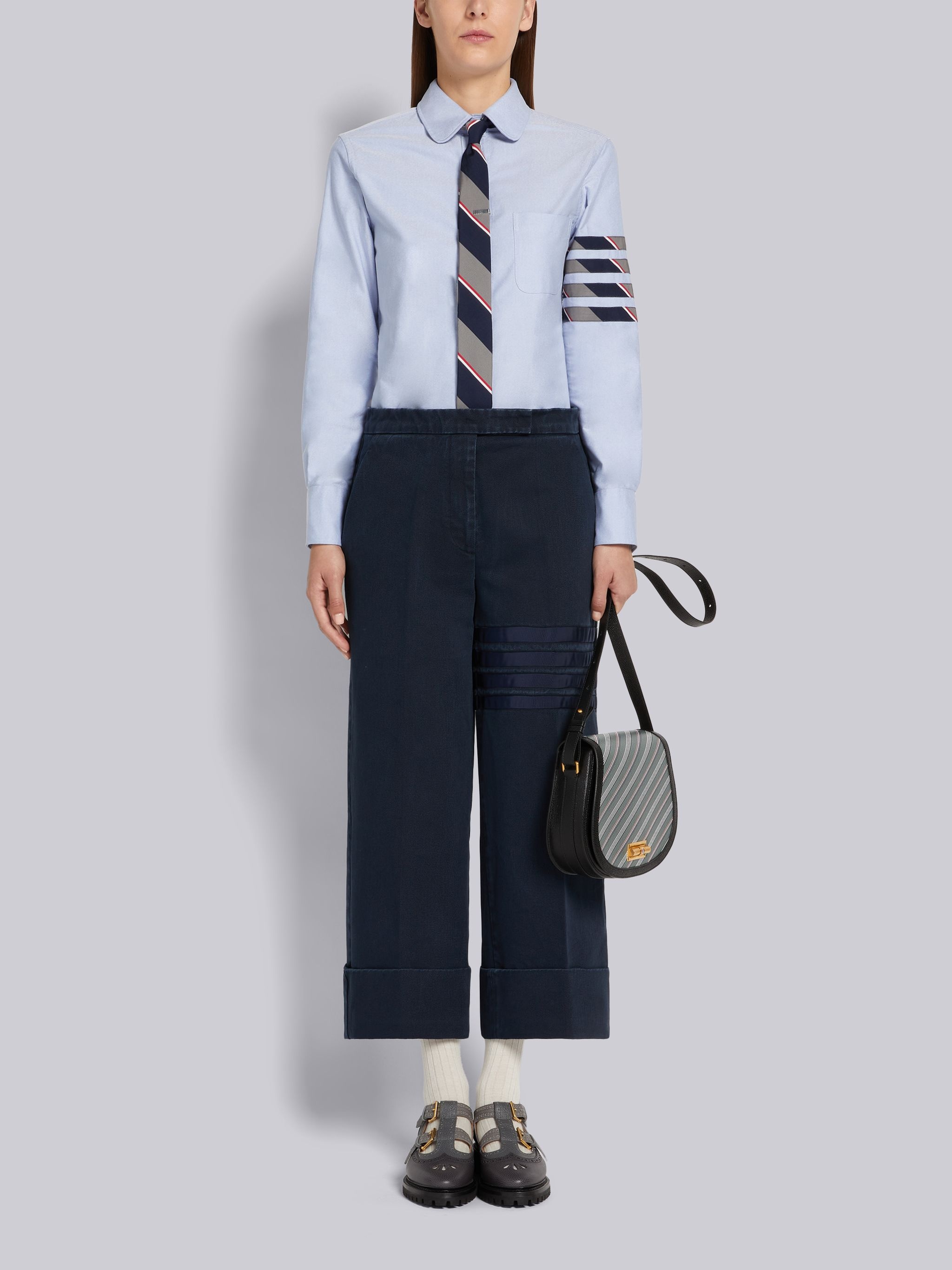 Navy Heavyweight Garment Dyed Cotton Twill Tonal Grosgrain 4-Bar Sack Trouser - 4