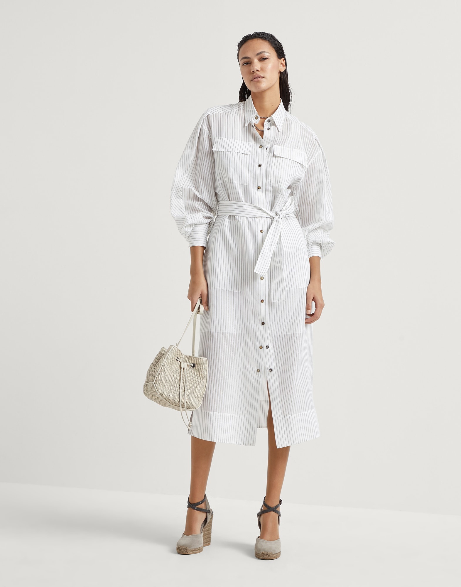 Cotton and silk sparkling stripe organza shirt dress with monili - 5