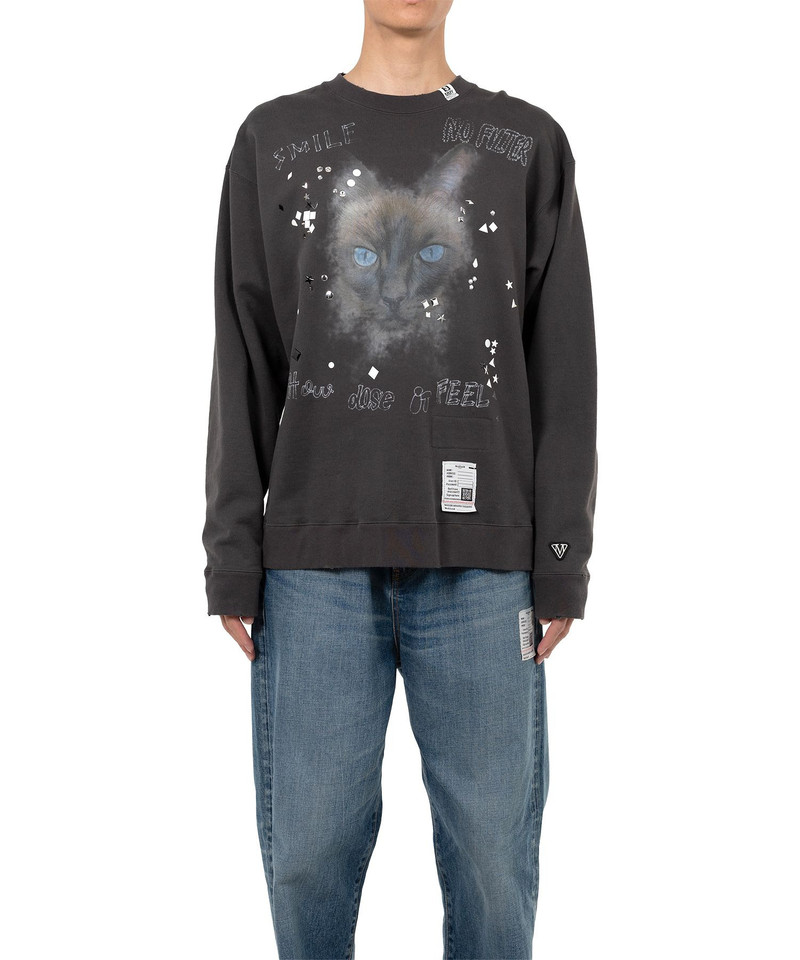 Cat Printed Embellished Distressed Sweatshirt 9