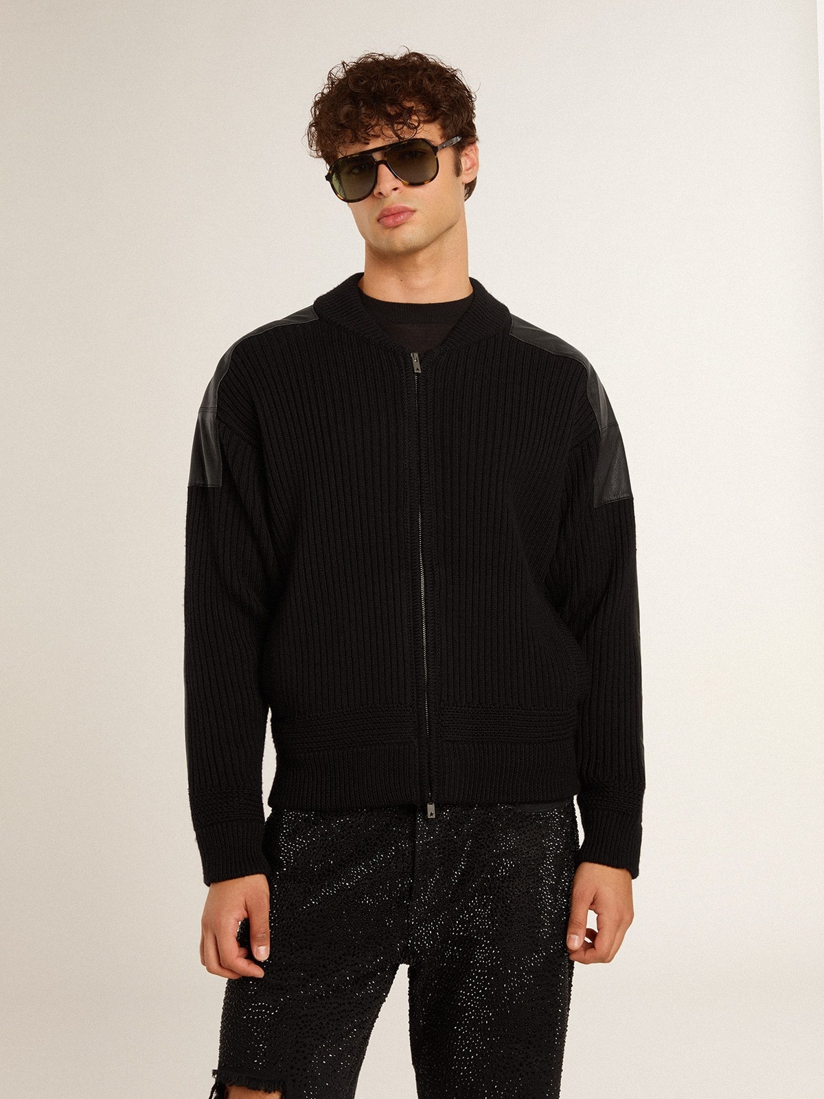 Men's black merino wool jacket with leather patches - 2