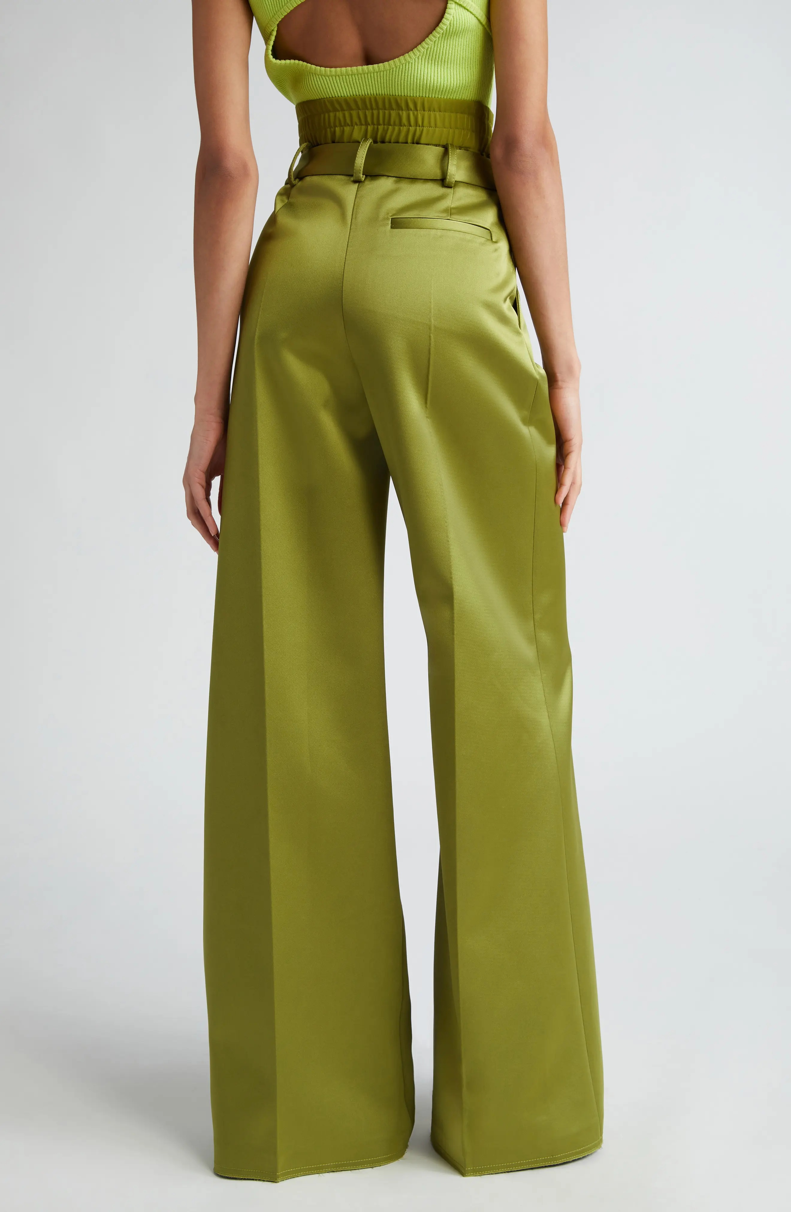 Double Waistband Satin Flare Leg Pants - 3