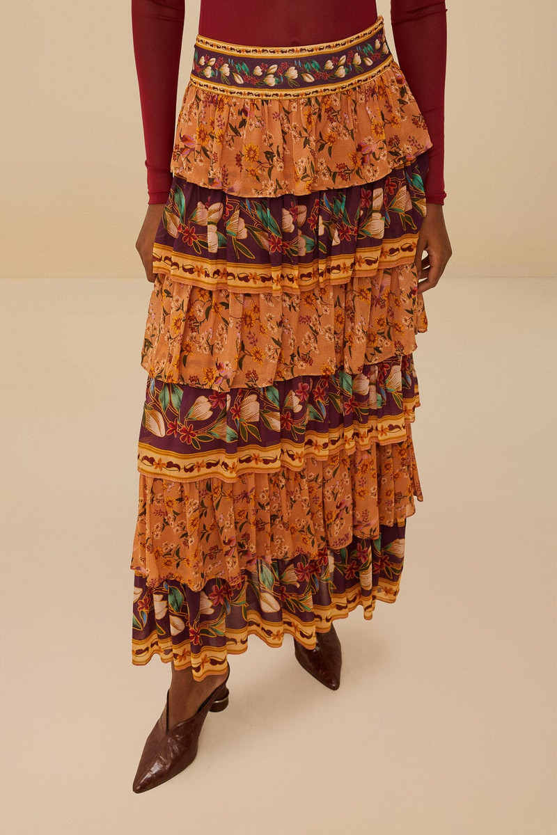 FARM RIO Colorful Birds Camel Ruffles Midi Skirt outlook