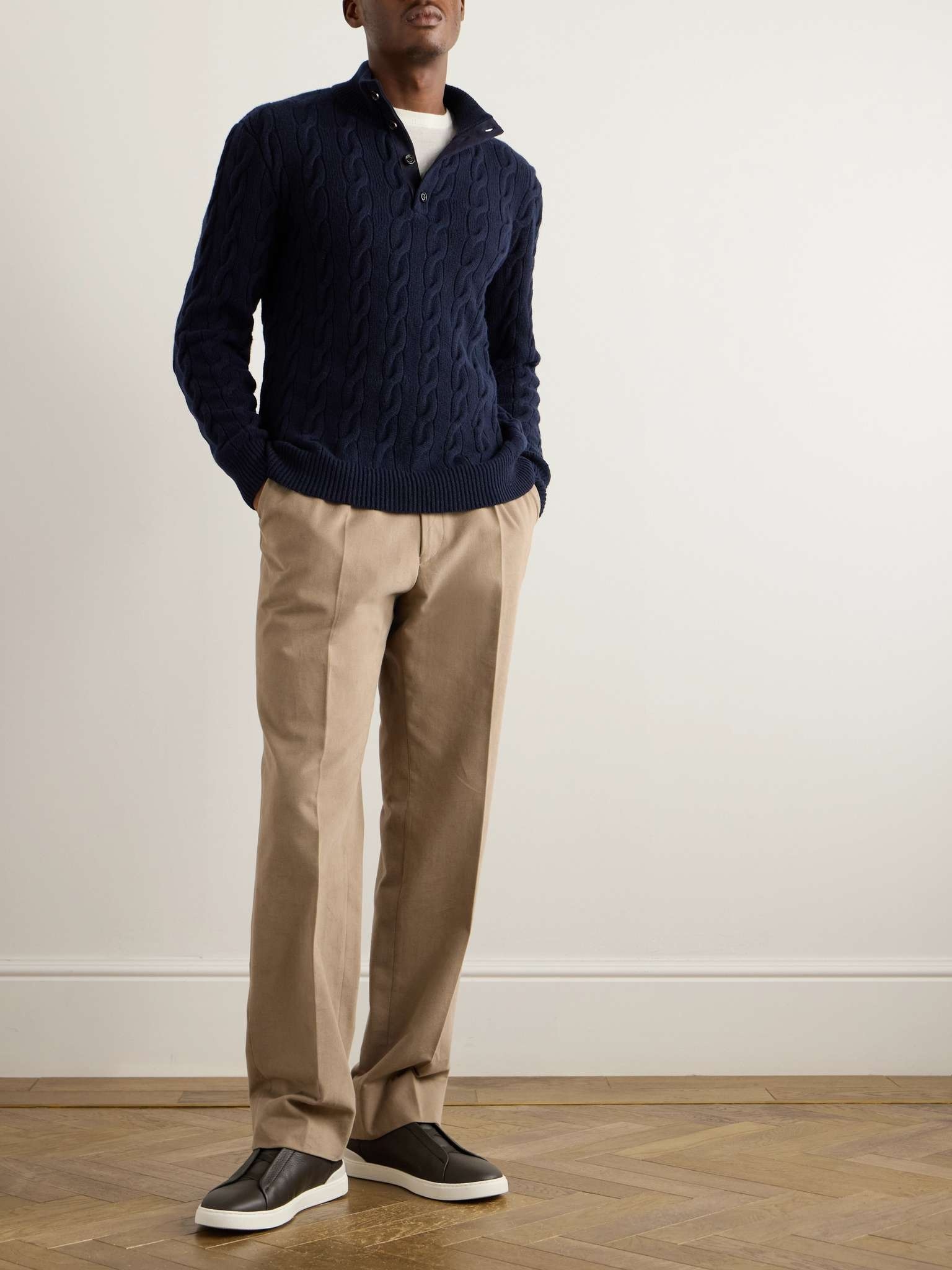 Suede-Trimmed Cable-Knit Cashmere Sweater - 2