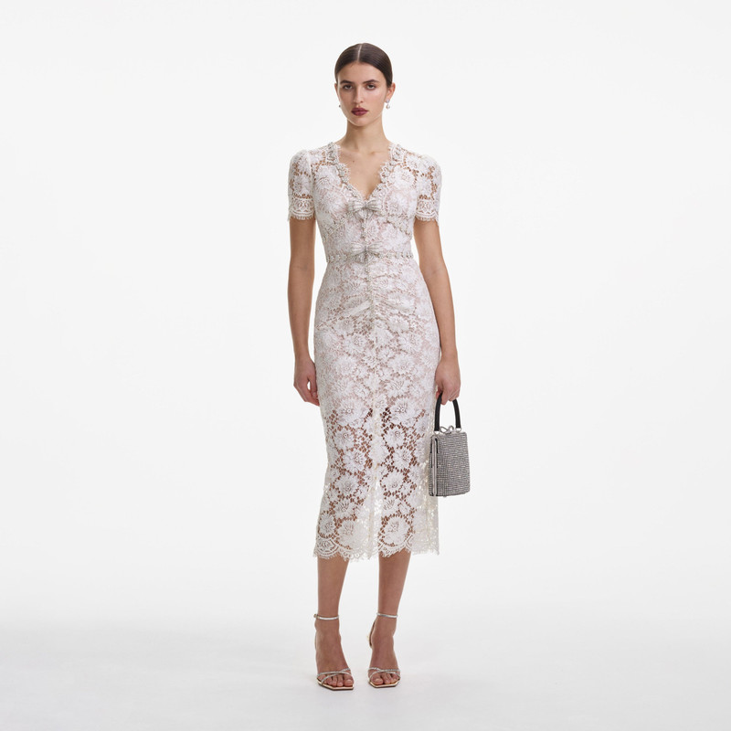 white christmas dresses Cream Tulle Lace Midi Dress – self-portrait-US main image 1