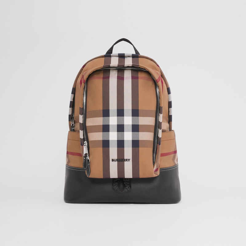 Large Check Cotton Canvas and Leather Backpack 1