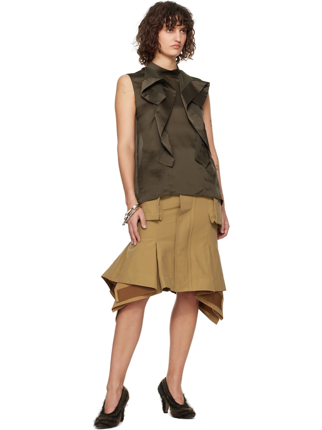 Beige Grosgrain Midi Skirt - 4