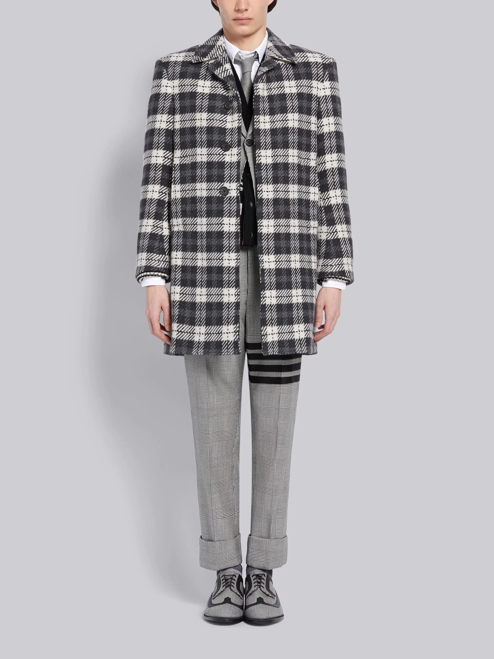 Medium Grey Cashmere Tartan Check Tweed Classic Bal Collar Coat - 4