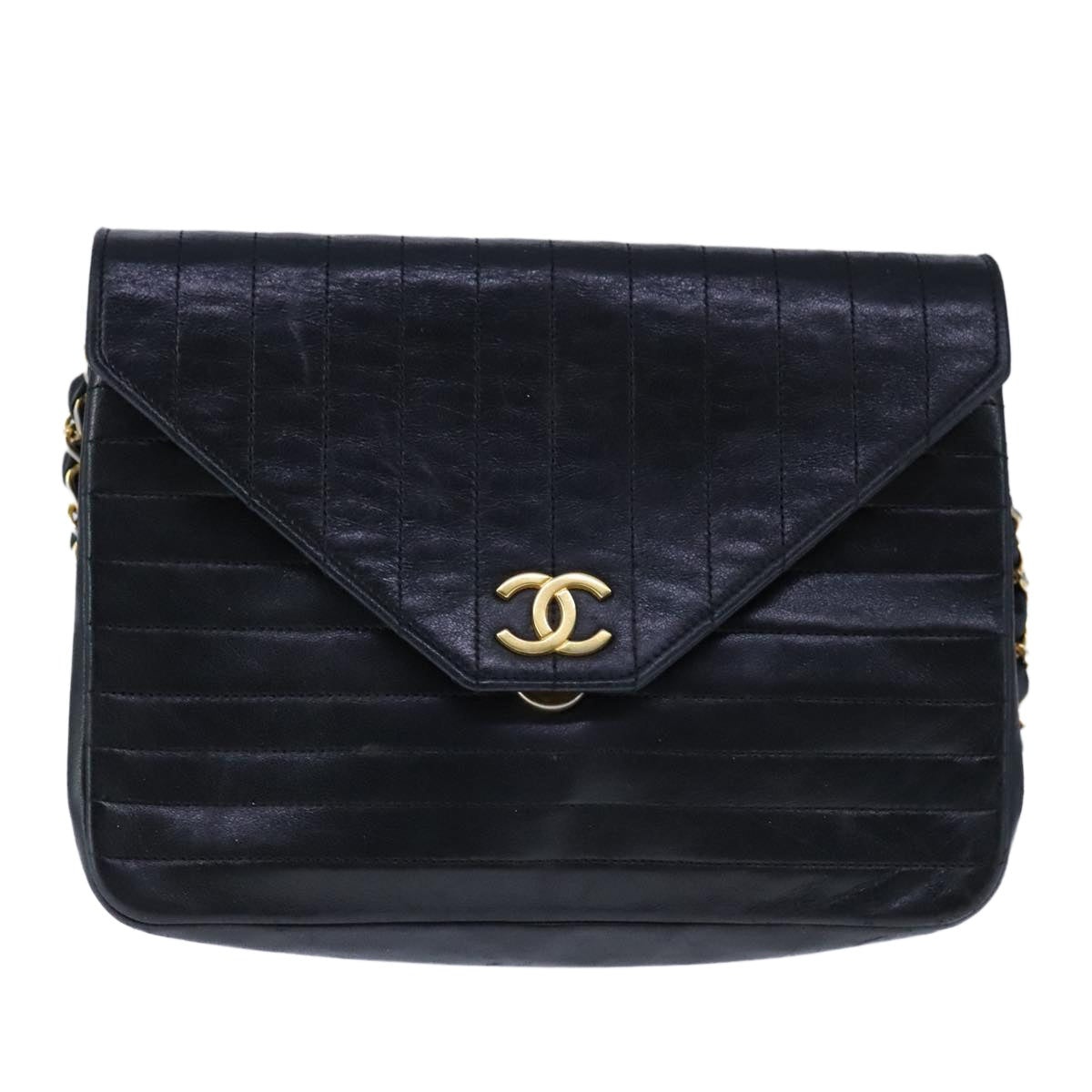 CHANEL Mademoiselle Chain Shoulder Bag Lamb Skin Black Gold CC - 13