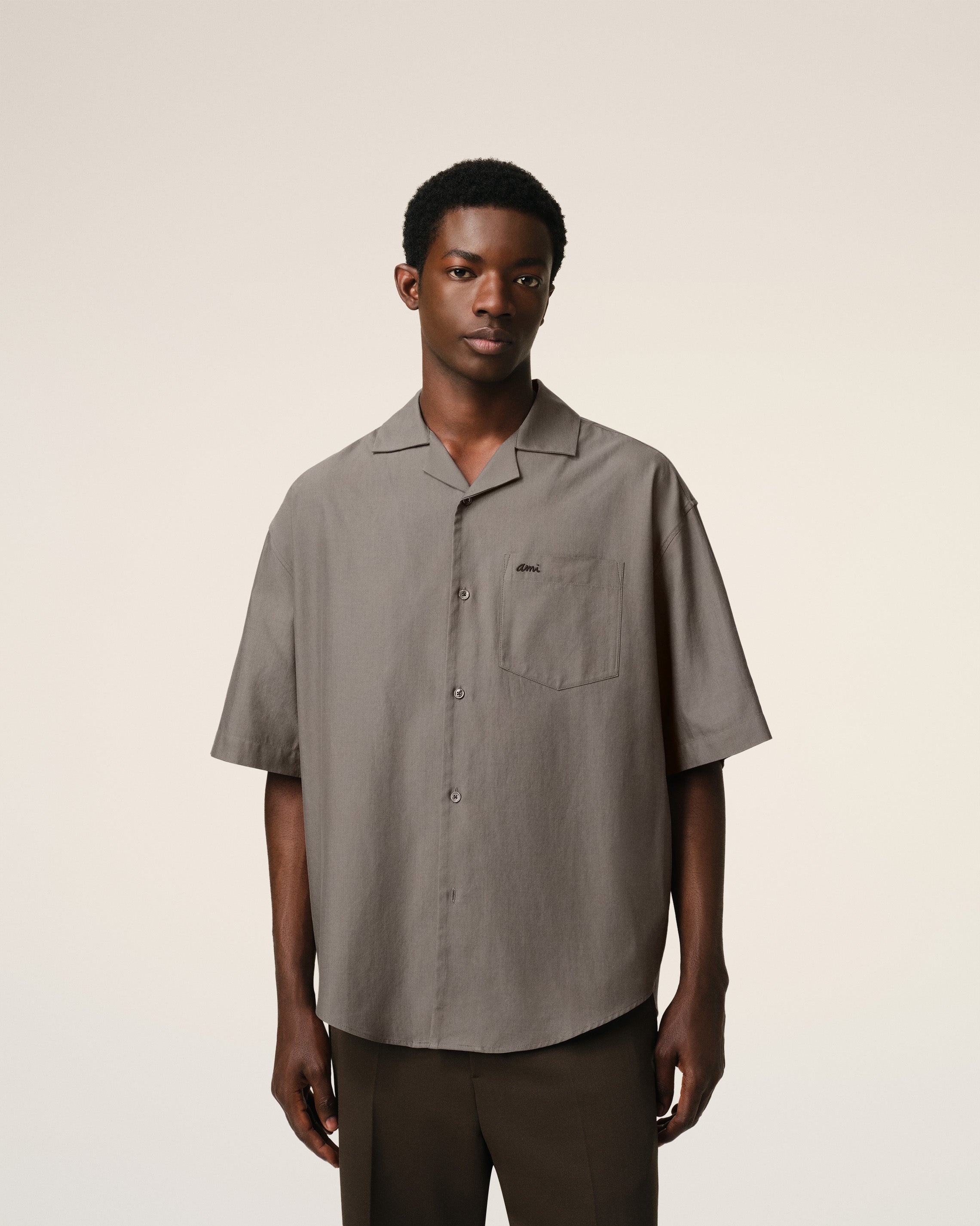 TAUPE COTTON SHORT SLEEVE BOXY SHIRT - 3