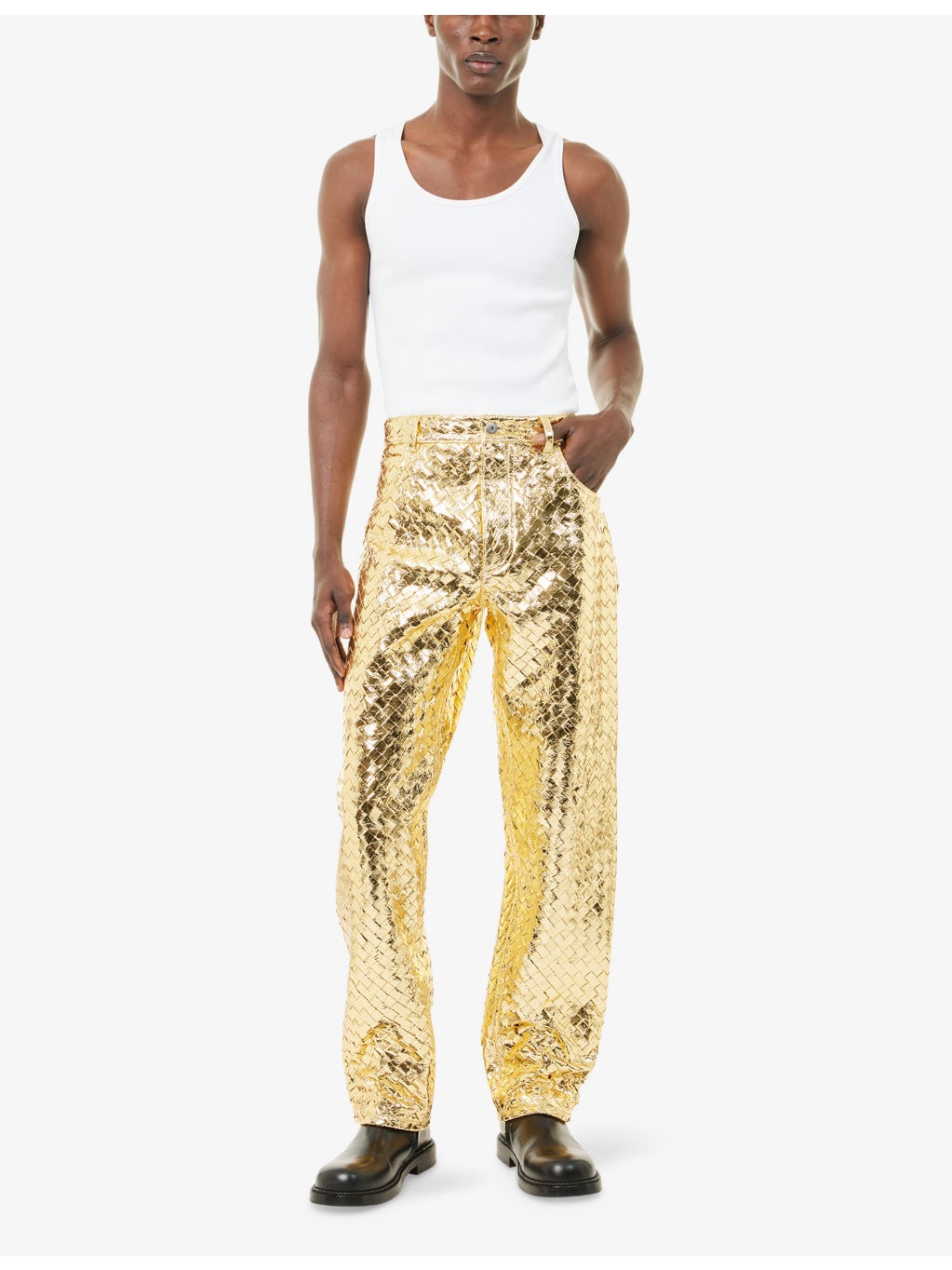 Intrecciato-Weave Straight-Leg Laminated-Leather Trousers - 2