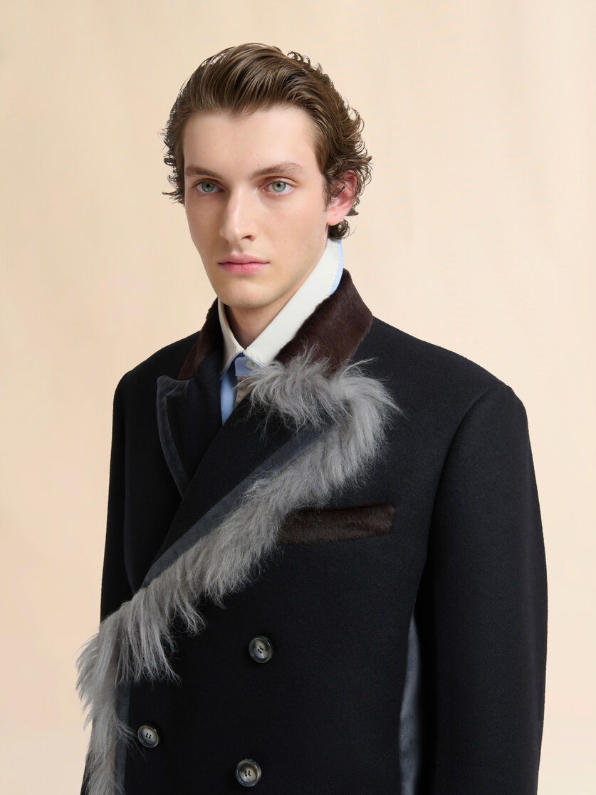 BLACK WOOL FELT COAT WITH FUR TRIM - 4