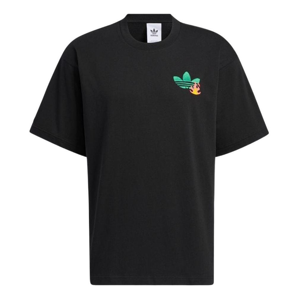 adidas Logo Cartoon Pattern Embroidered Round Neck Short Sleeve Black T-Shirt HM8041 - 1