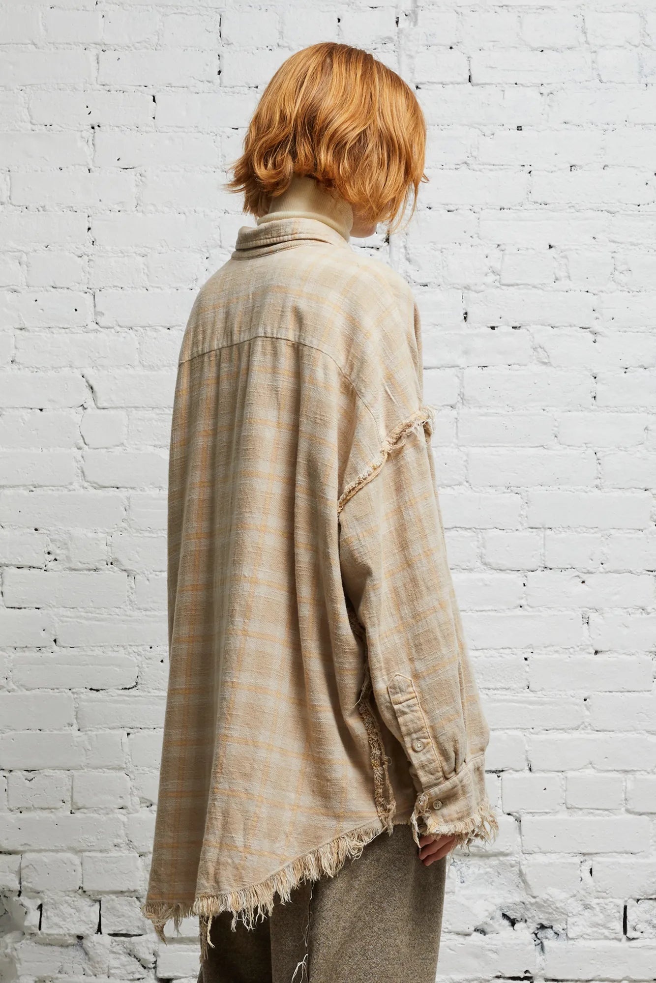 SHREDDED SEAM DROP NECK SHIRT - OVERDYED KHAKI PLAID - 4