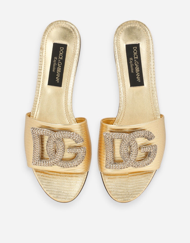 Foiled iguana-print calfskin sliders with rhinestone-detailed DG logo - 4