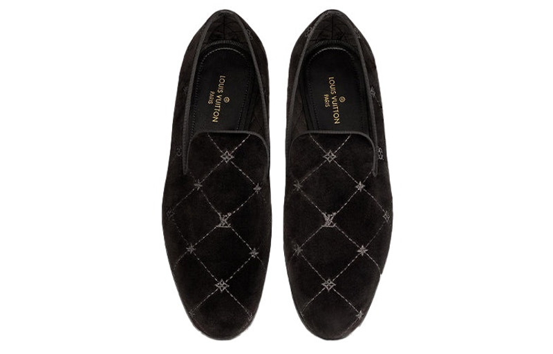 Louis Vuitton LOUIS VUITTON Auteuil Velvet Loafers 'Black with Silver Logo Lines' 1A5FXK outlook