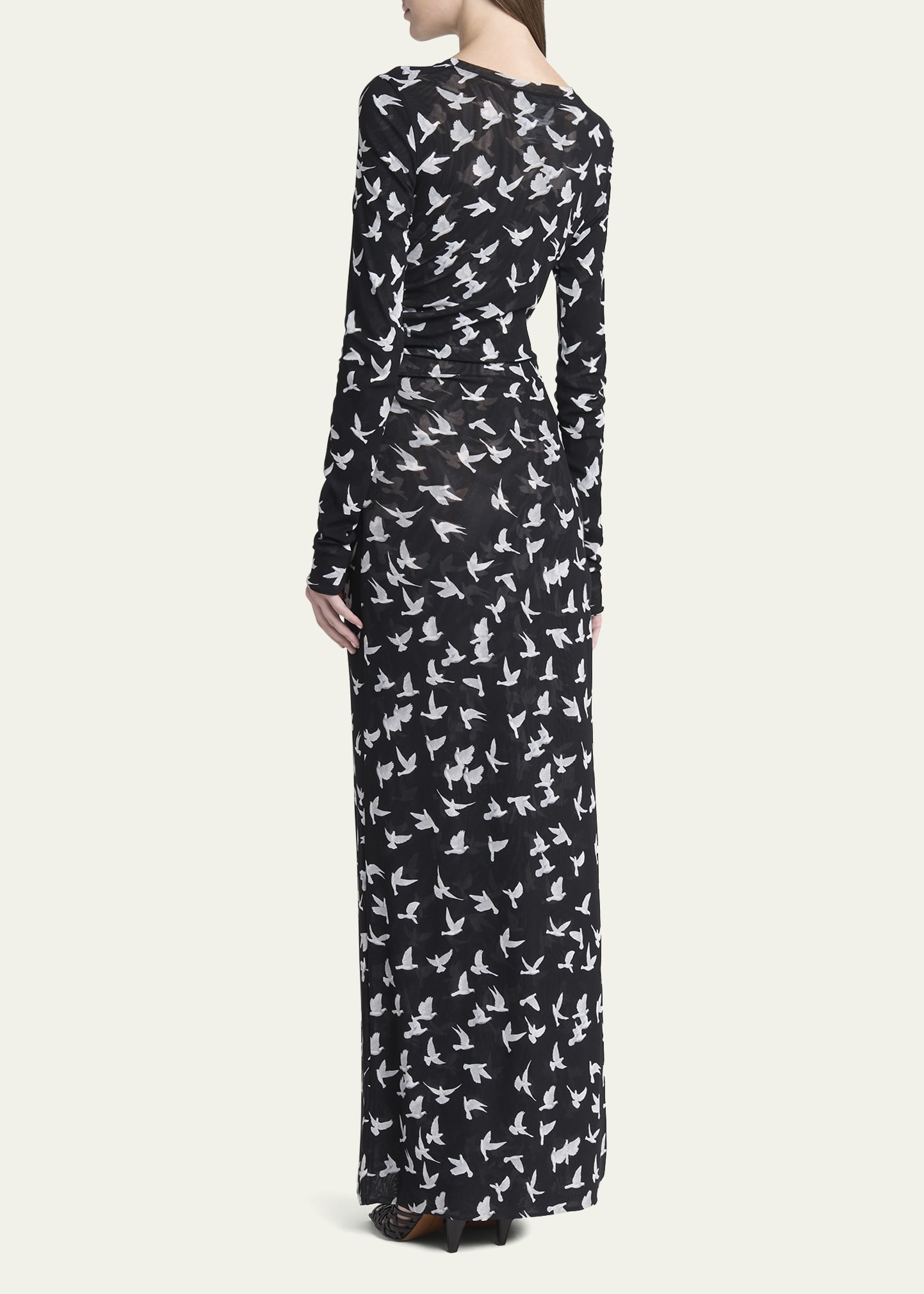 Long Mesh Bird Print Dress - 3