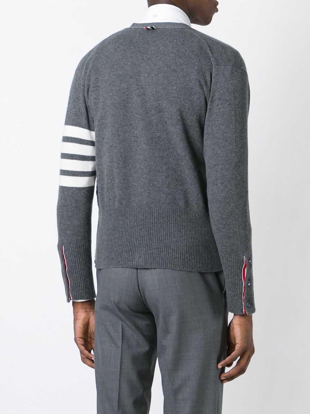 THOM BROWNE - Men Classic Short V Neck Cardigan W/ White 4 Bar Stripe In Cashmere - 3