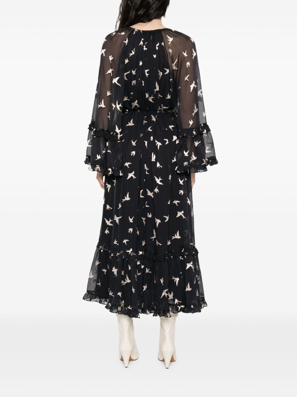 bird-print ruffled dress - 4