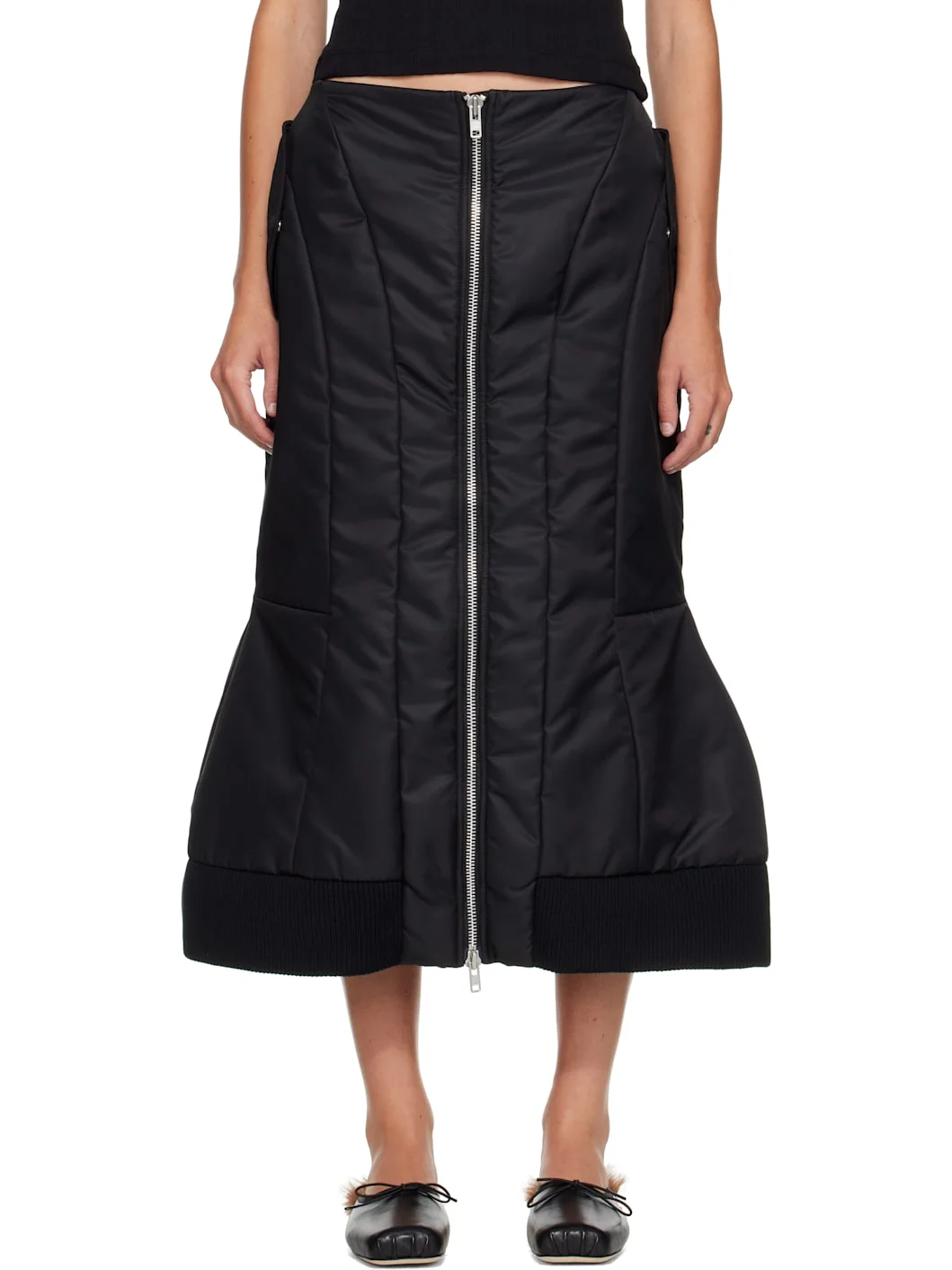 Black Padded Sculpt Bomber Midi Skirt - 1