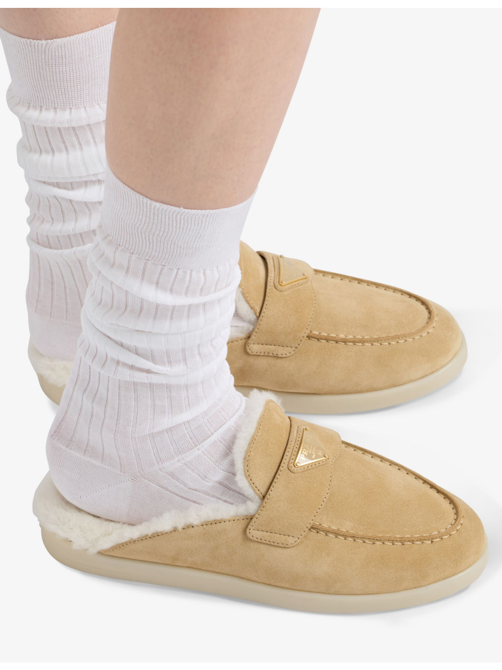 Brand-plaque suede and shearling mules - 6