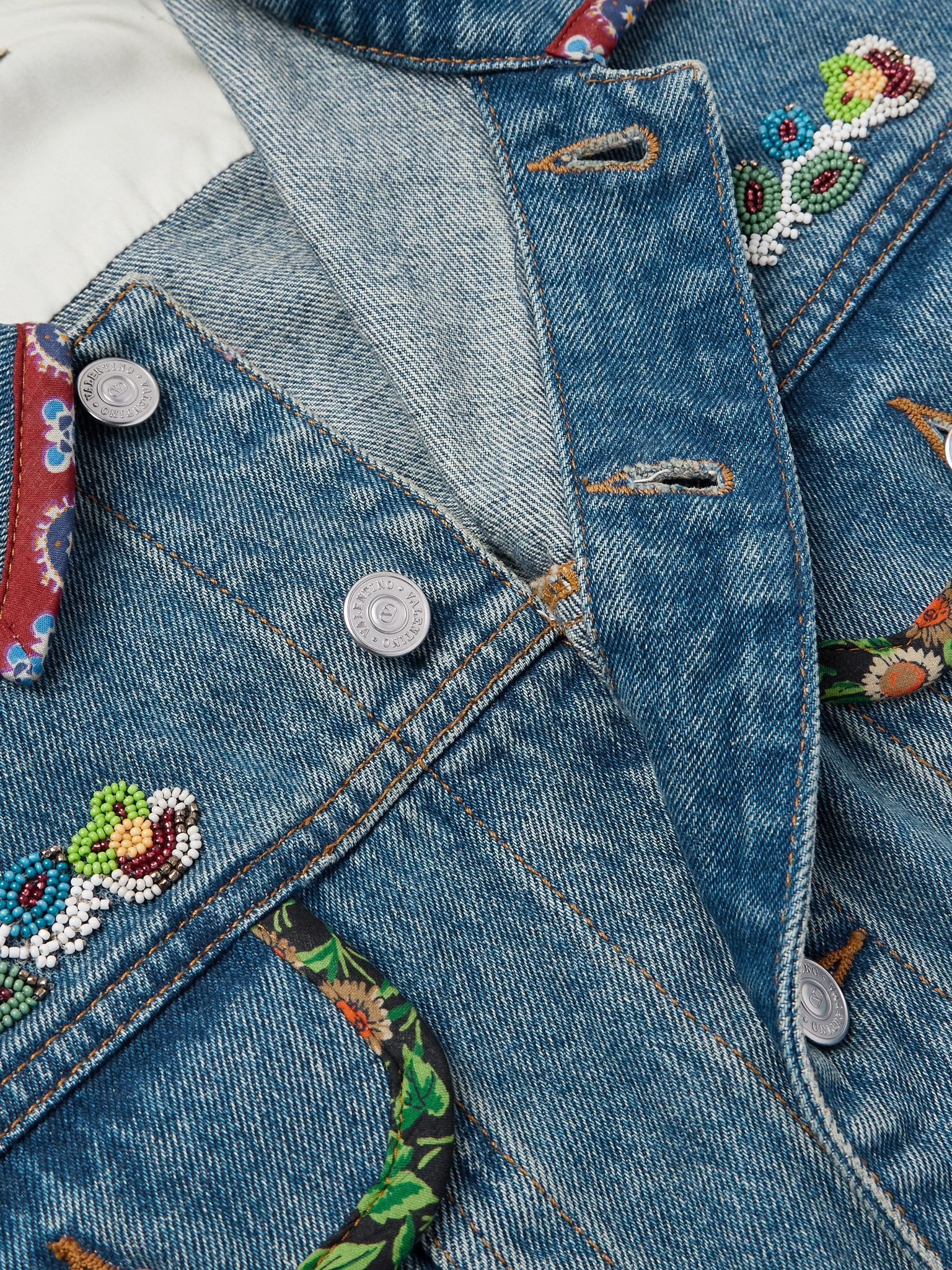 Bead-Embellished Floral-Trimmed Denim Jacket Blue - 4