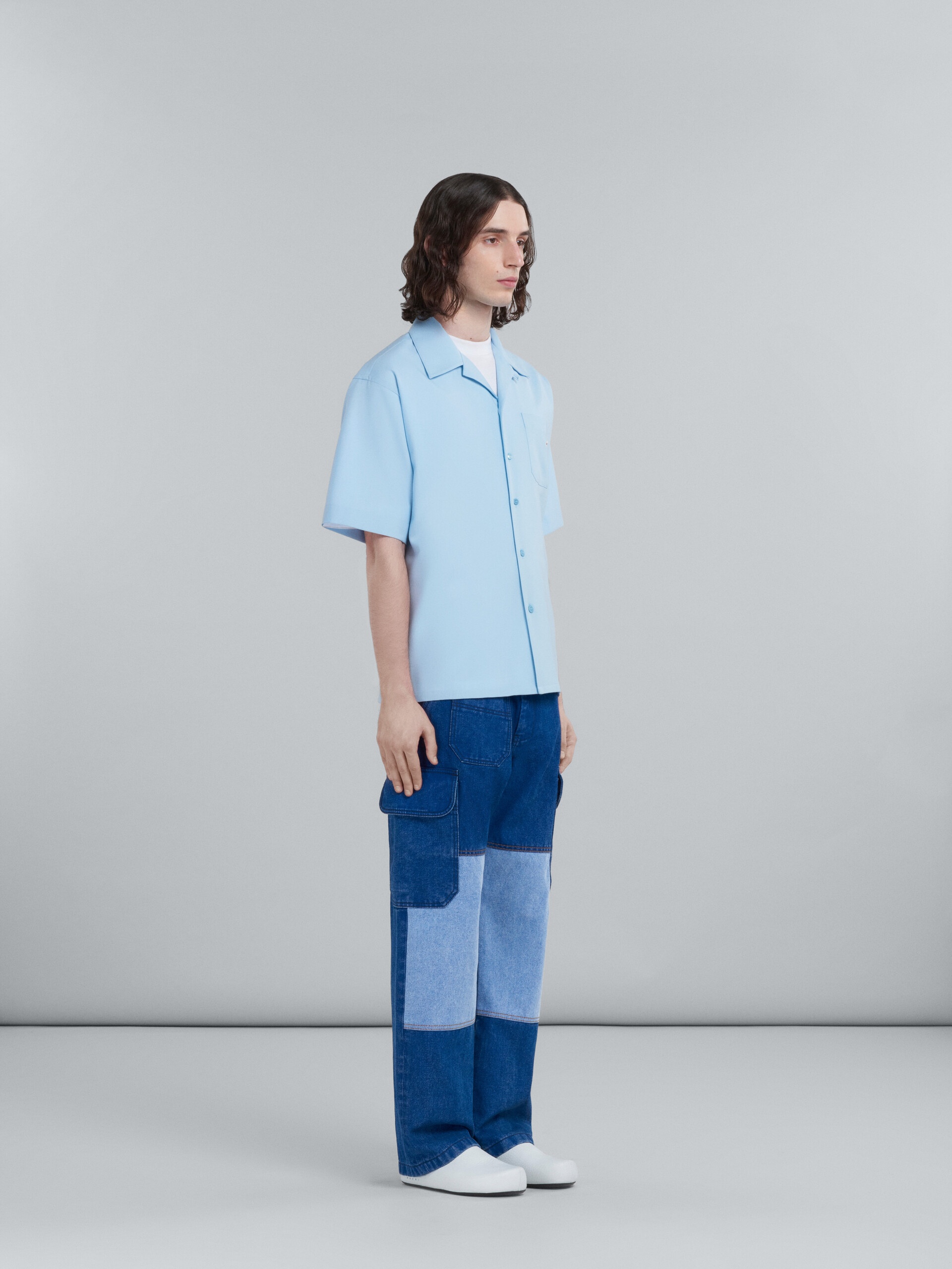LIGHT BLUE TROPICAL WOOL BOWLING SHIRT - 5