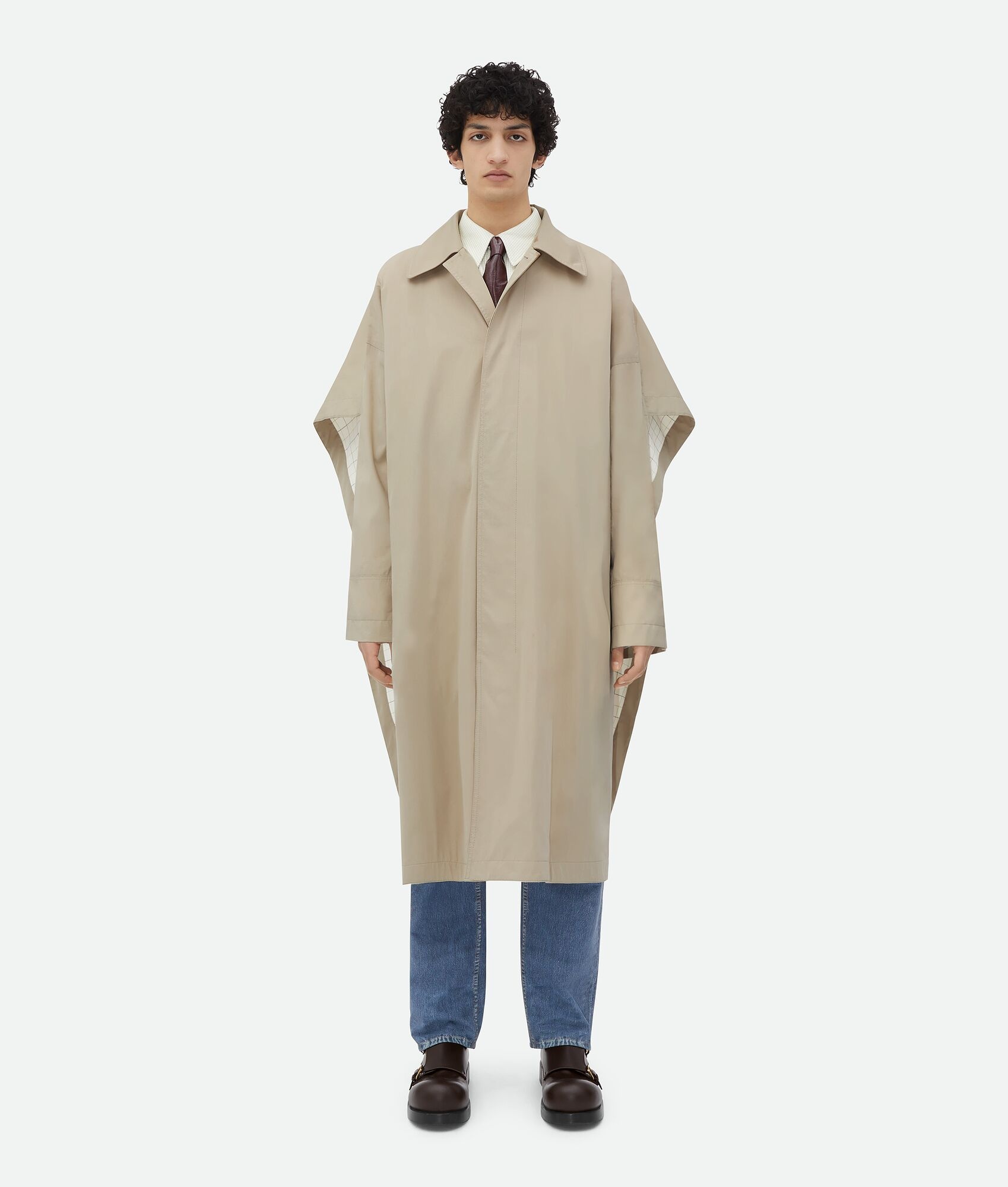 Cotton Silk Cape Trench With Check Lining - 4