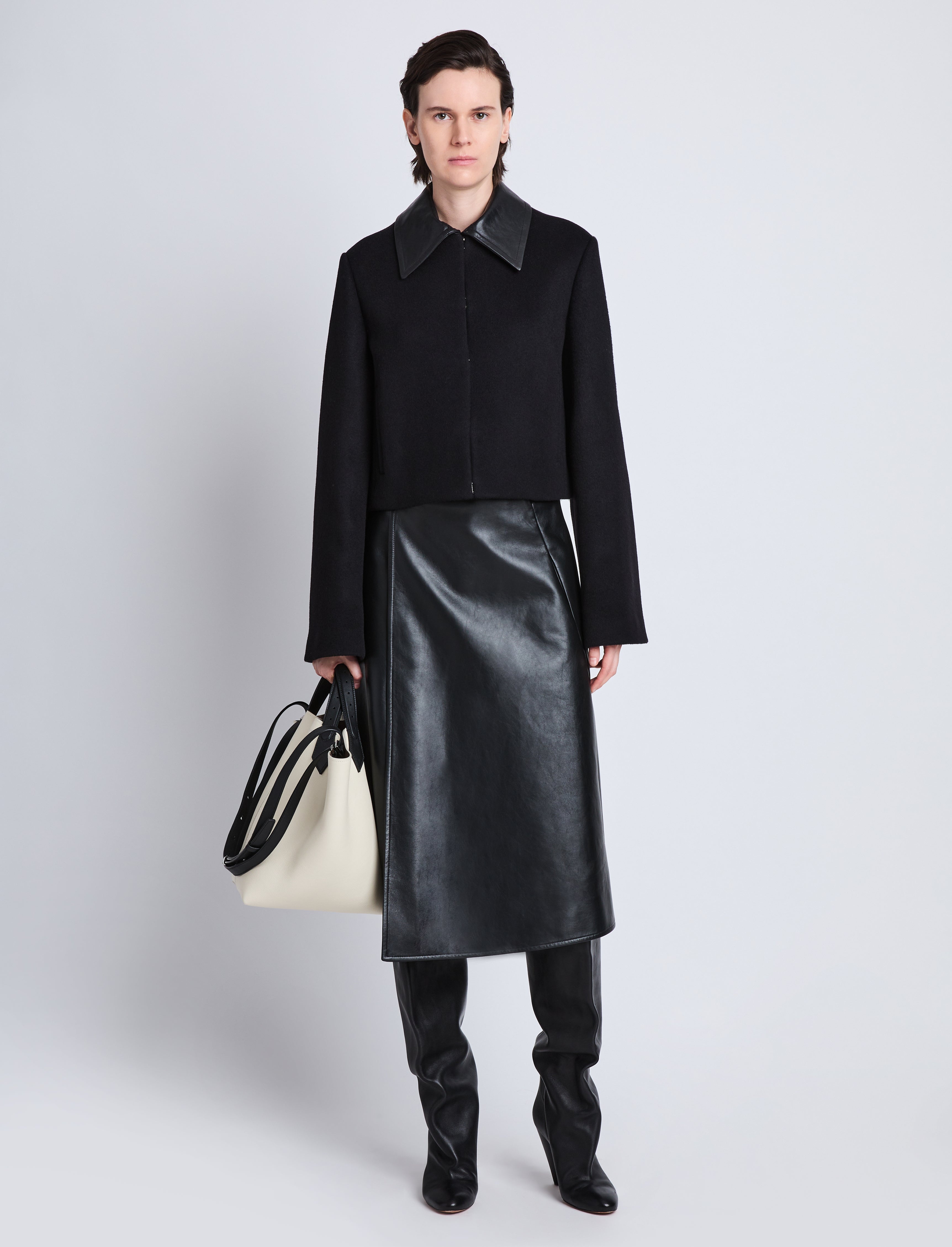 Bridget Cropped Jacket With Leather Collar in Wool - 3