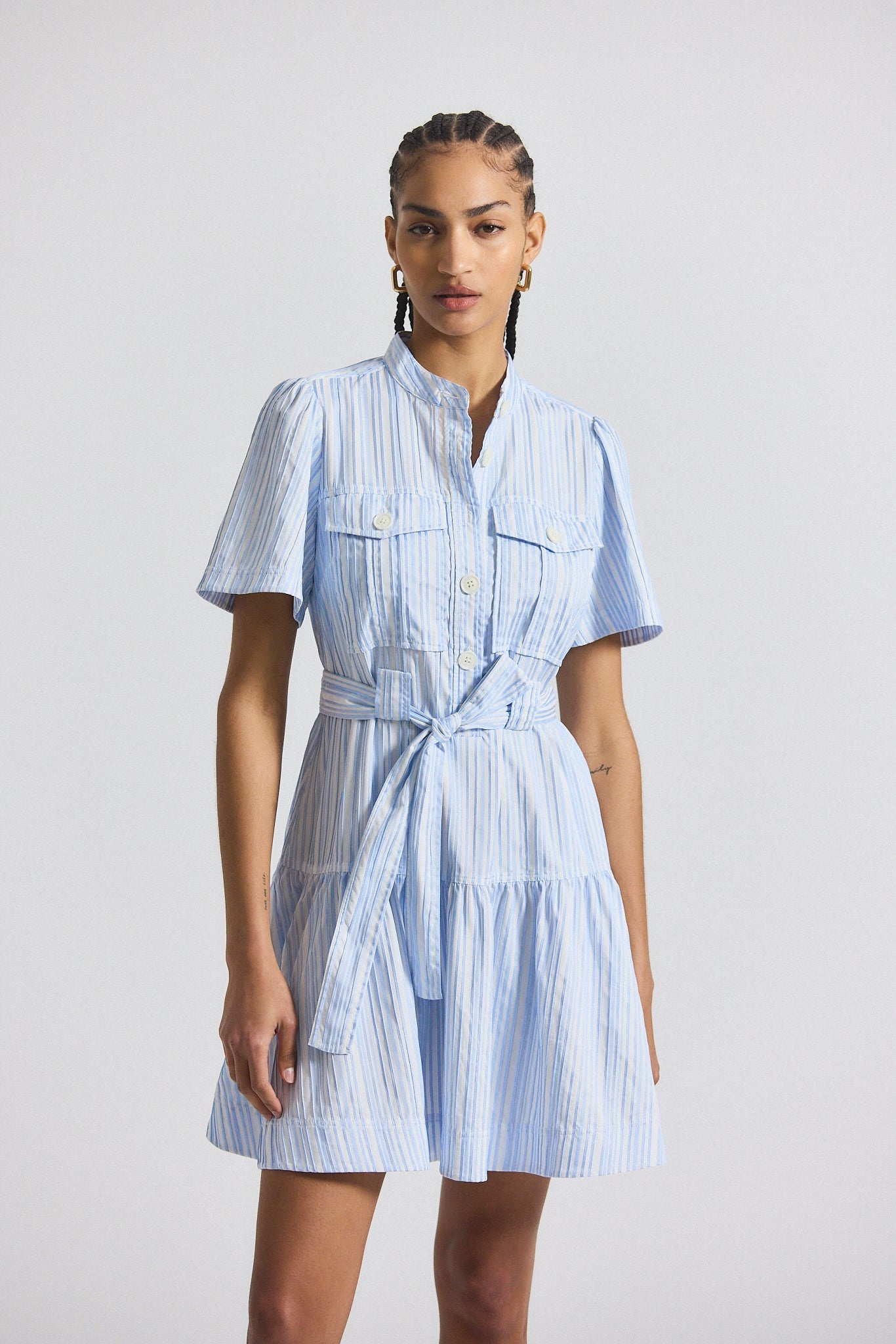 CLYNTON PINTUCK STRIPE SHIRTING SHORT SLEEVE DRESS - 4