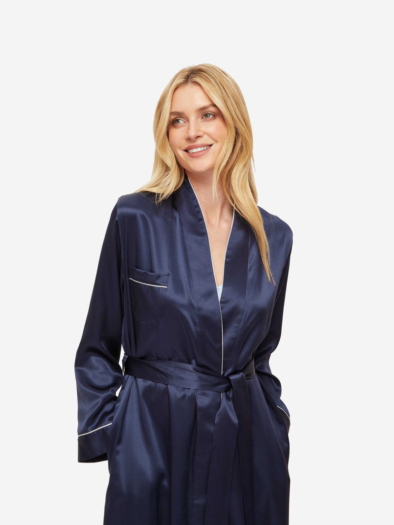 Women's Long Dressing Gown Bailey Silk Satin Navy - 2