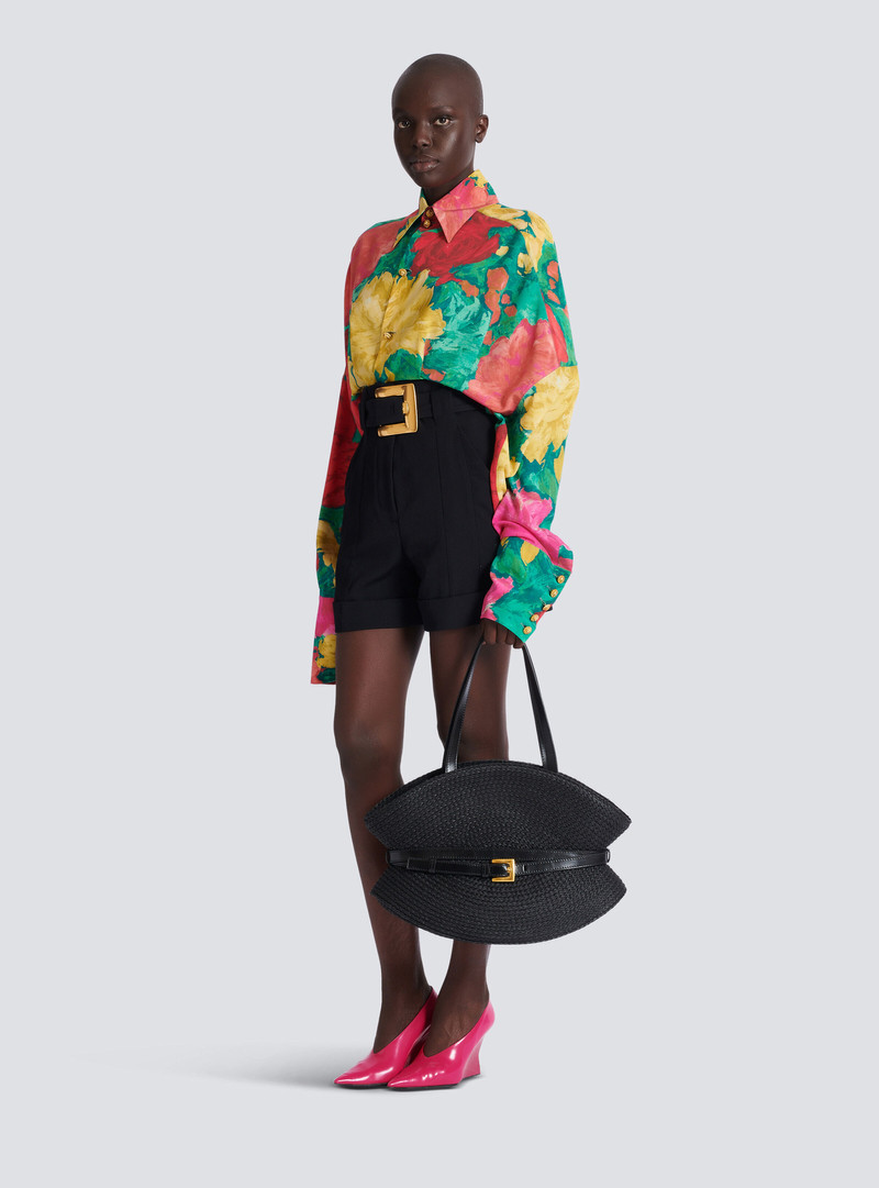 Balmain Shuffle Medium bag in calfskin leather and raffia outlook