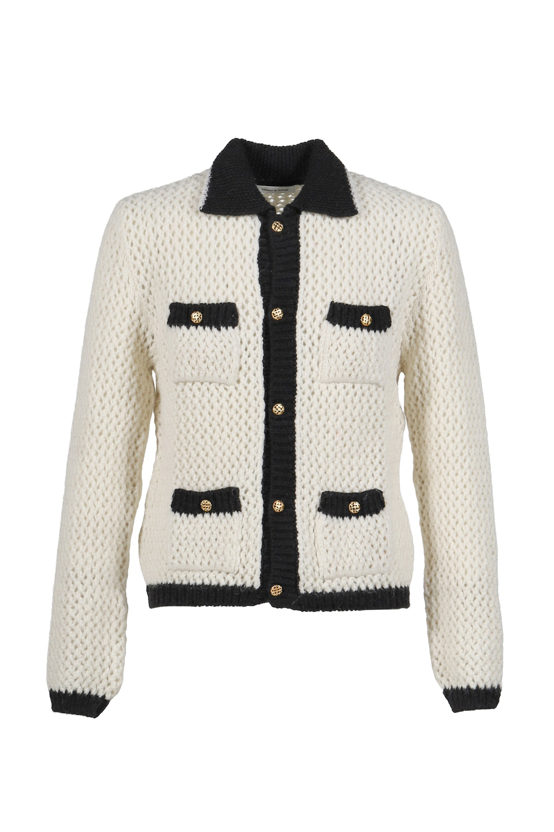 CROCHET CONTRAST POCKET CARDIGAN / WHT BLK - 1