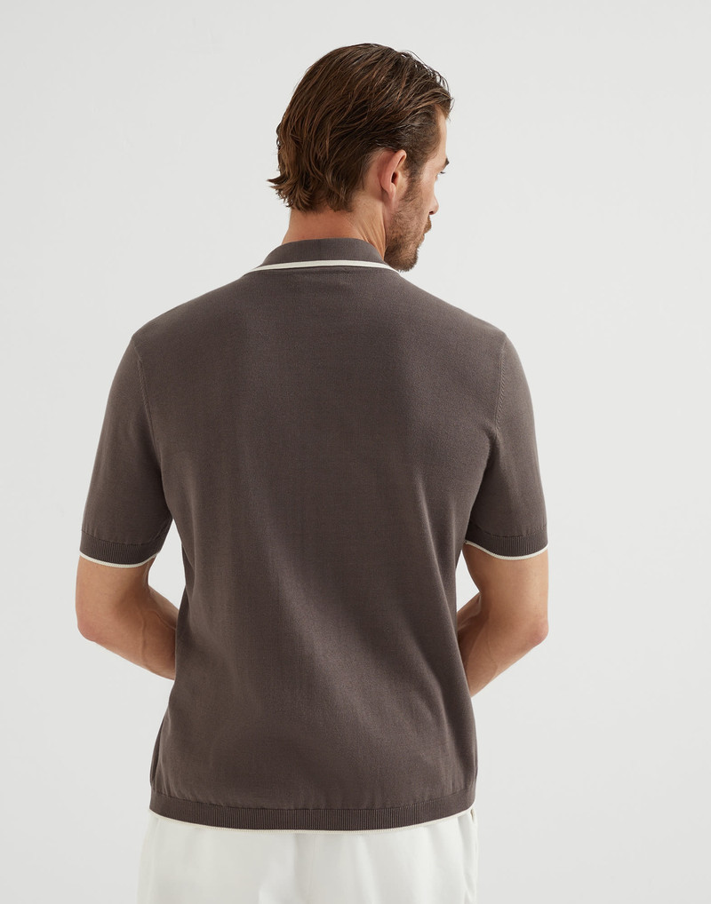 Brunello Cucinelli Cotton geometric jacquard knit shirt with short sleeves and camp collar outlook