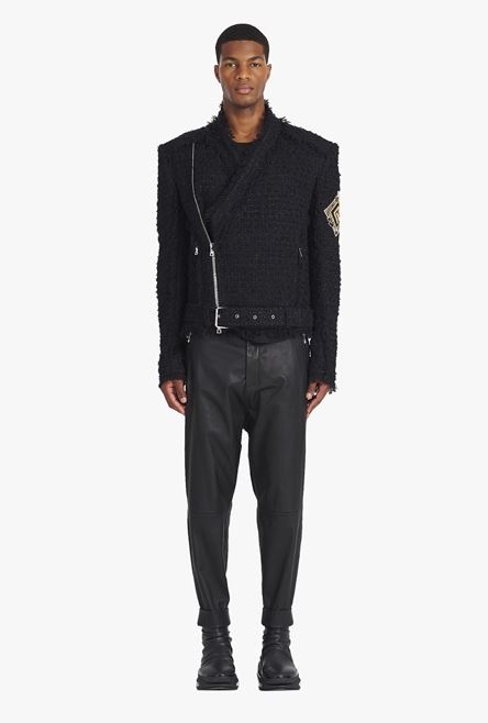 Black tweed jacket with gold-tone Balmain badge - 4