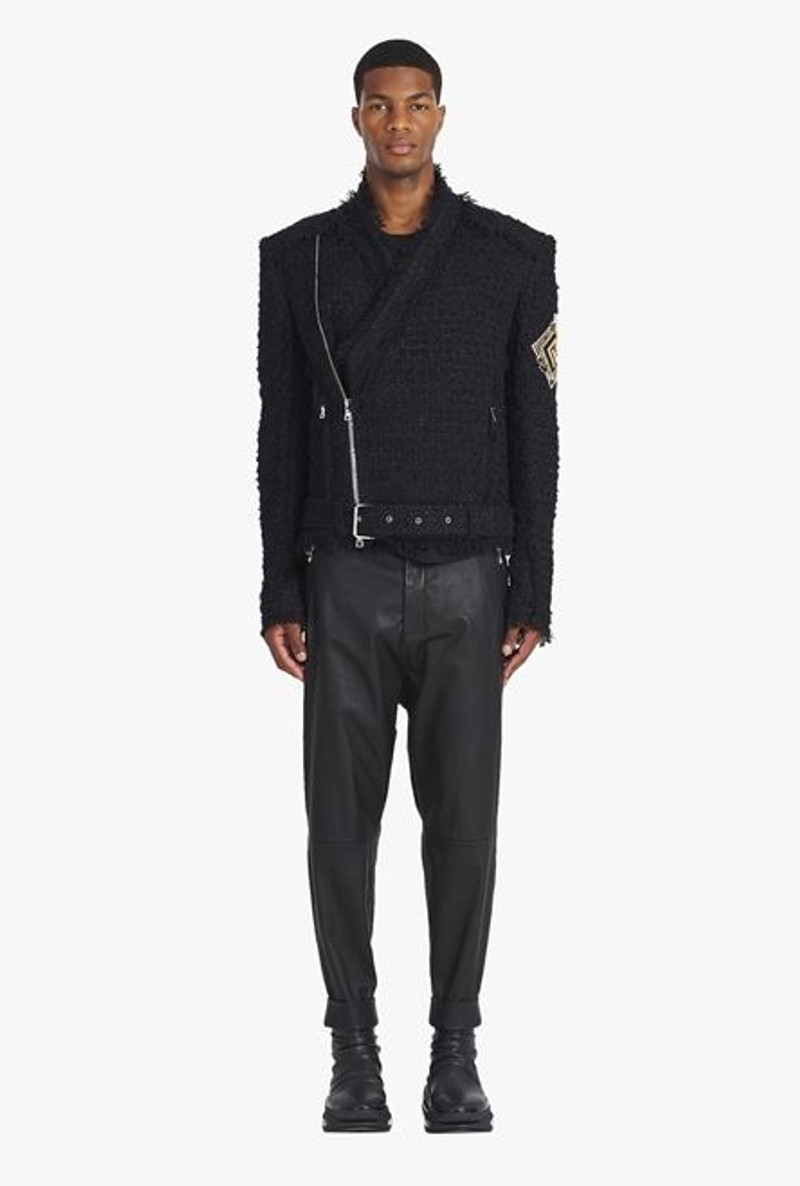 Black tweed jacket with gold-tone Balmain badge 4