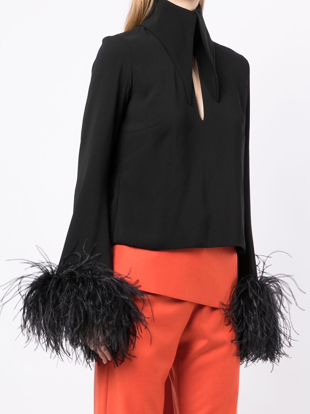 feather-trim cut-out blouse - 3