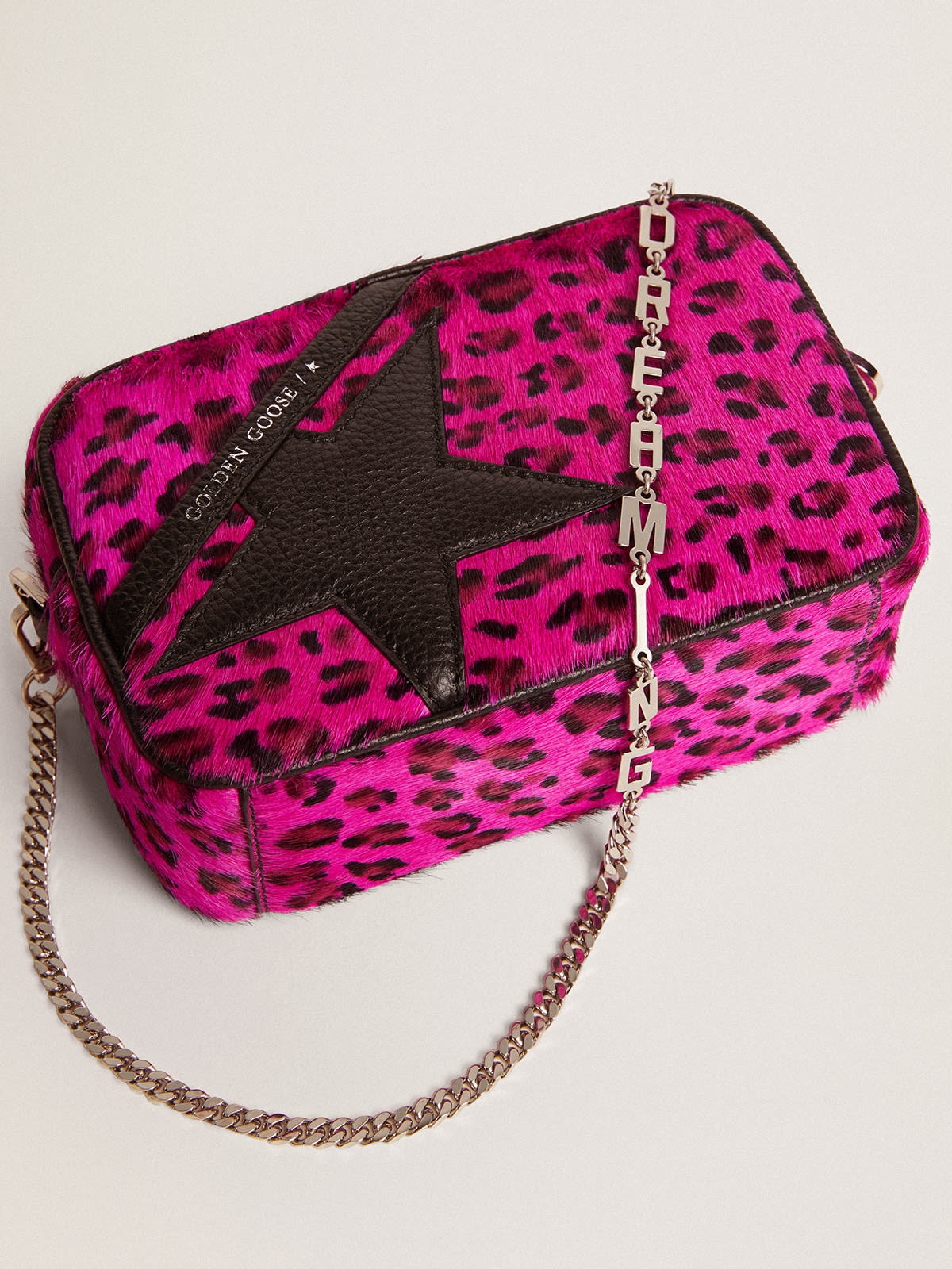 Mini Star Bag in fuchsia leopard-print pony skin with black leather star - 5