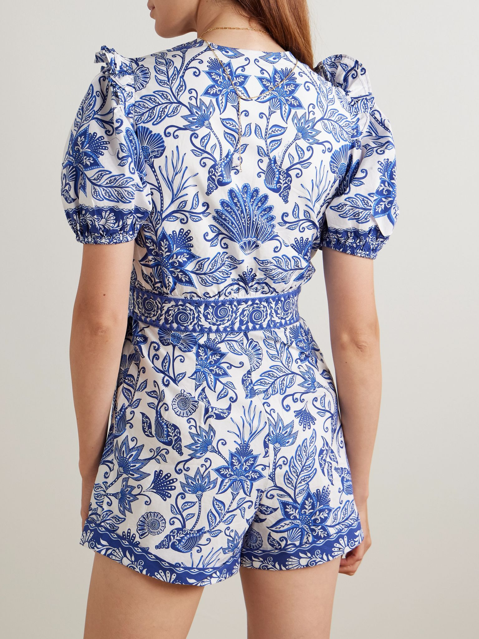Belted printed organic cotton playsuit Blue - 3