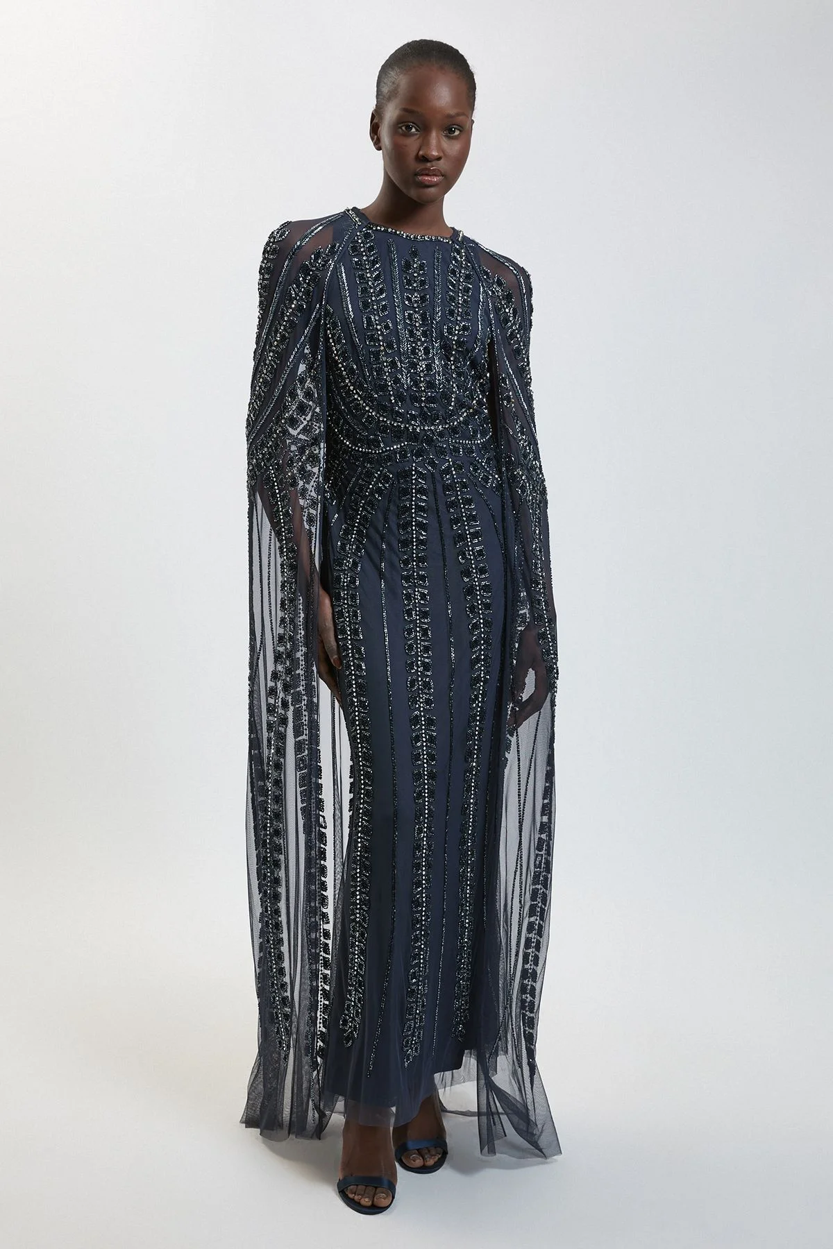 Premium Embellished Cape Maxi Dress - 1
