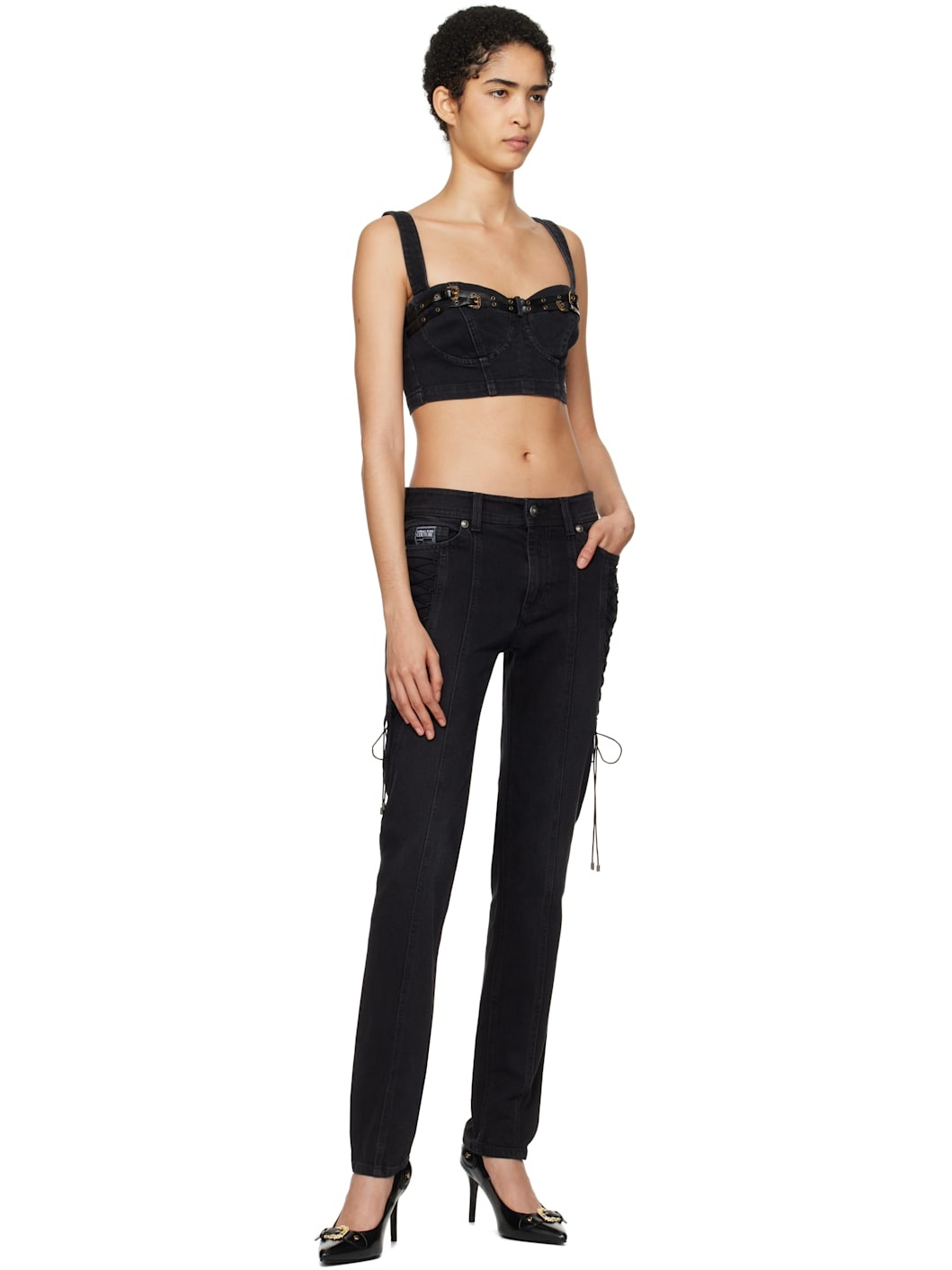 Black Baroque Buckle Denim Bustier - 4