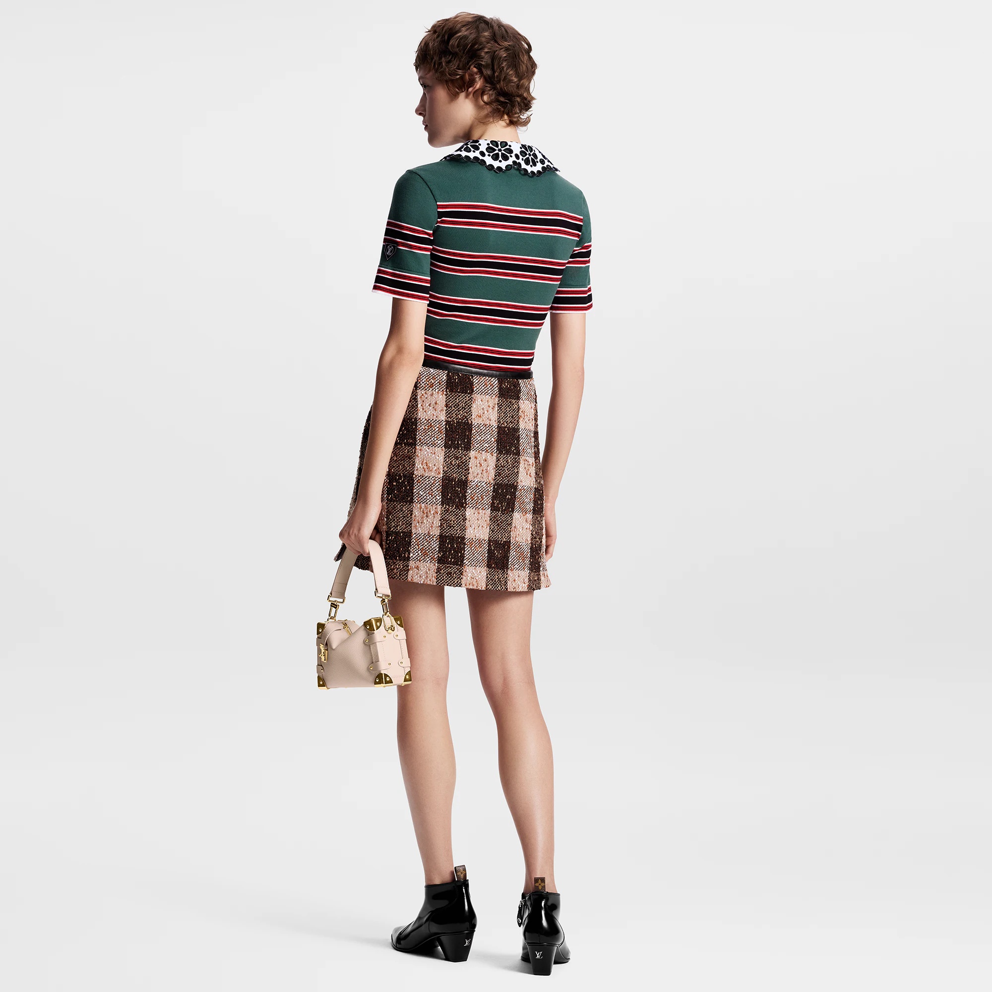 Leather Accent Check Tweed Skirt - 3